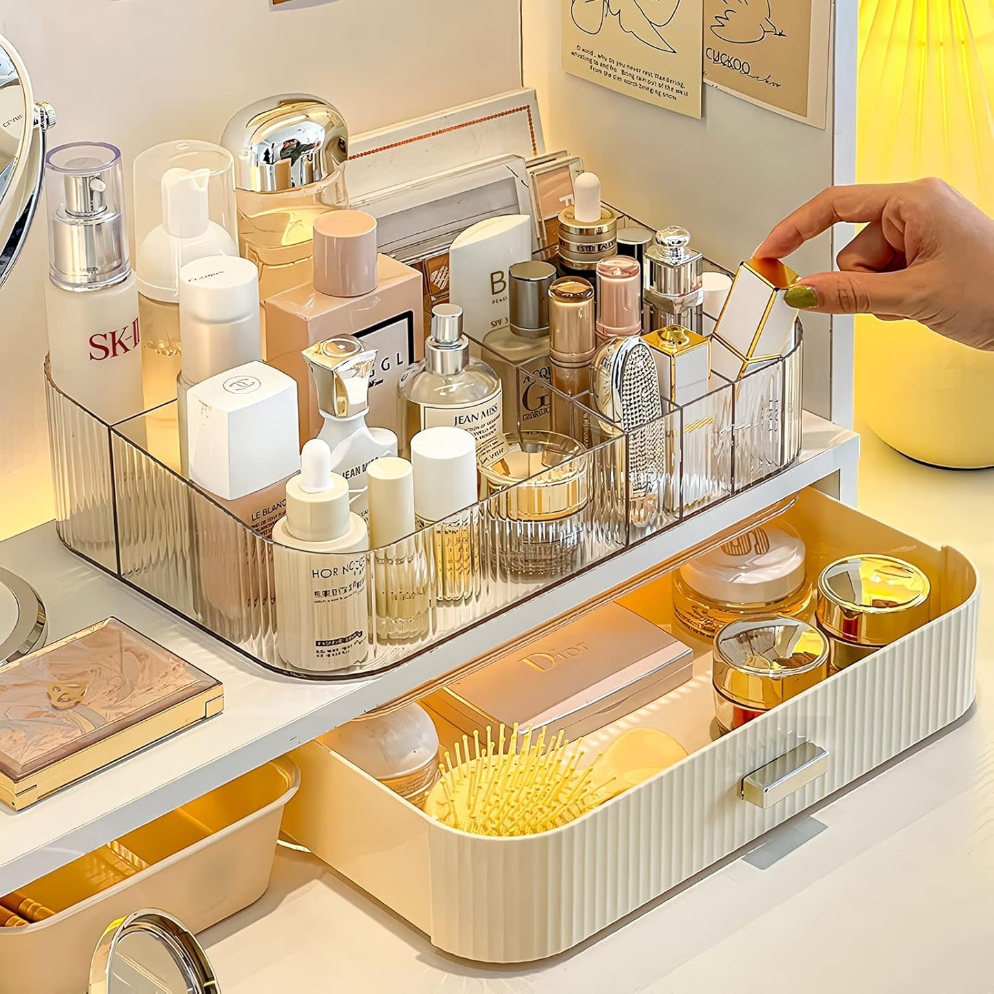 Makeup Organizer with Stackable Drawer, Cosmetic Storage Display Case for Vanity, Bathroom Countertop or Dresser,Counter top Holder for Lipstick, Brushes, Lotions, Eyeshadow, Nail Polish