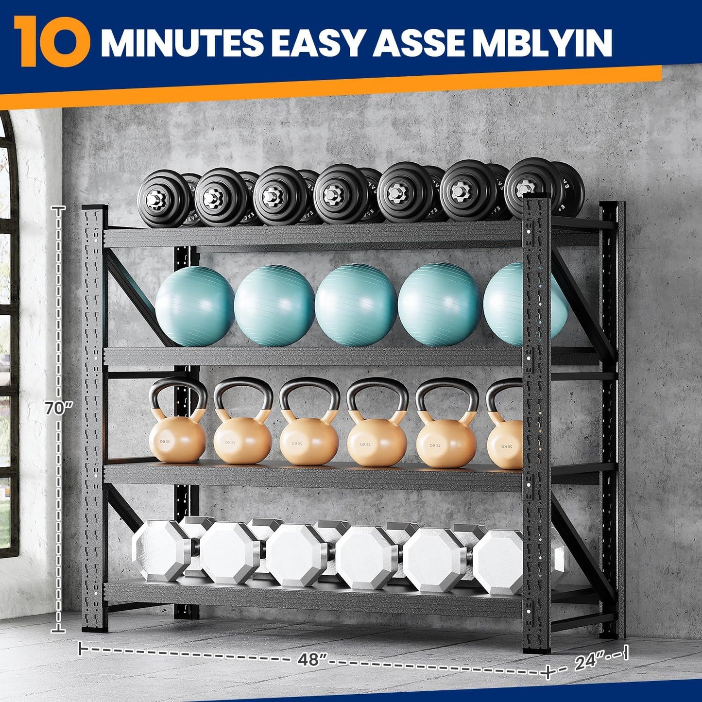 MIIIKO 48" W Storage Shelves,3000LBS Metal Garage Storage Shelving,Heavy Duty Adjustable Unit Storage Shelves for Warehouse,Basement,48" W x 24" D x 70" H,Black