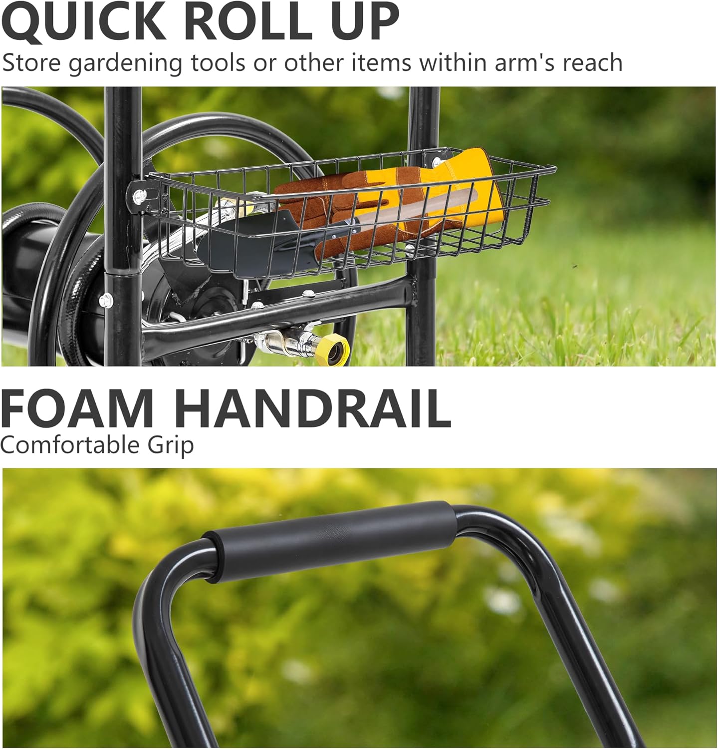 Hose Reel Hold Up To 300 Ft Heavy Duty Garden Hose Reel Sturdy Water Hose Reel Cart with 4 Wheels Storage Basket for Garden Lawn Yard Outdoor (Black)