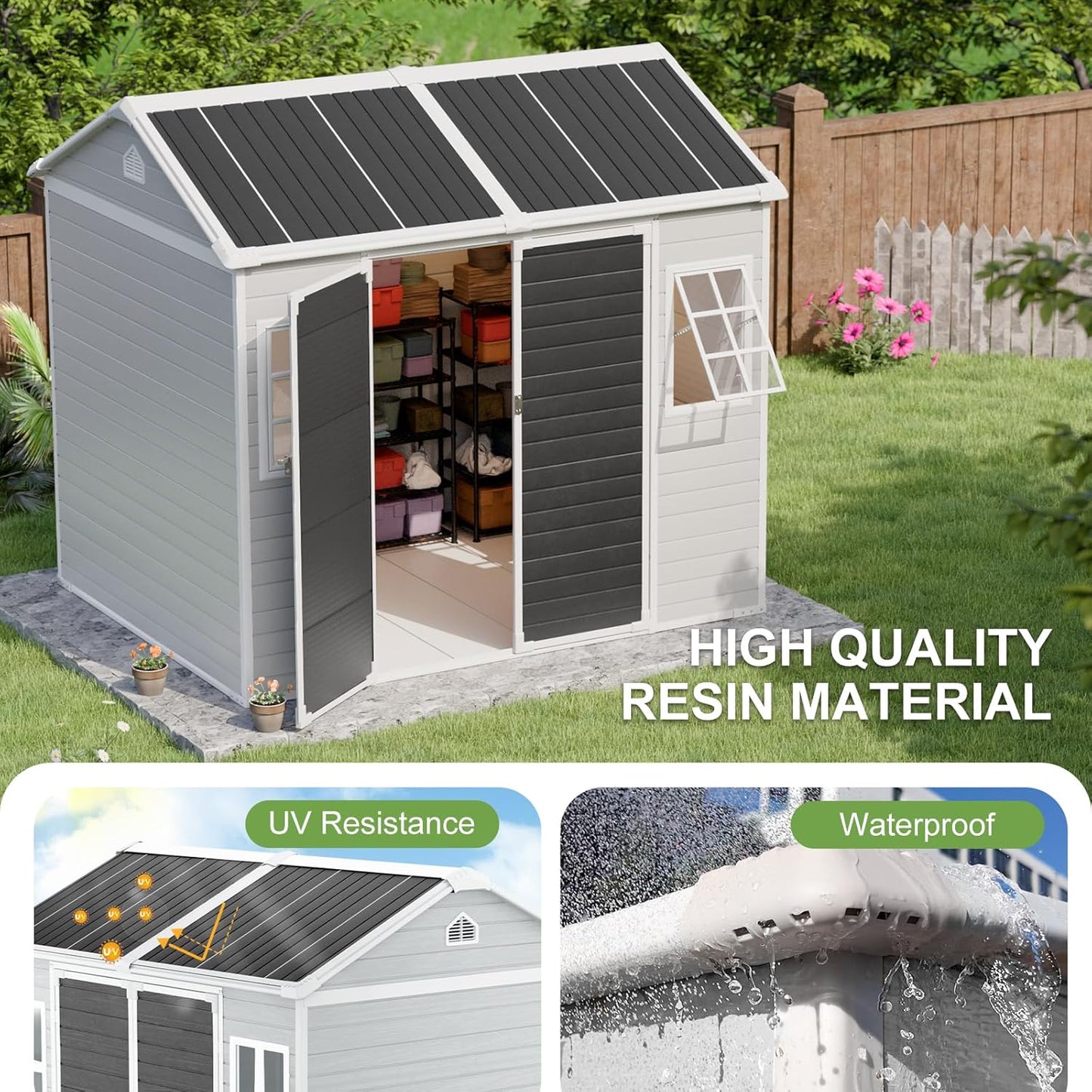 8x6x7 FT Resin Storage Shed, Waterproof Outdoor Storage Shed w/Floor, 2 Adjustable Openable Windows, Double Lockable Doors & Vents, Tool Shed for Patio Garden, Lawn, Backyard, Gray
