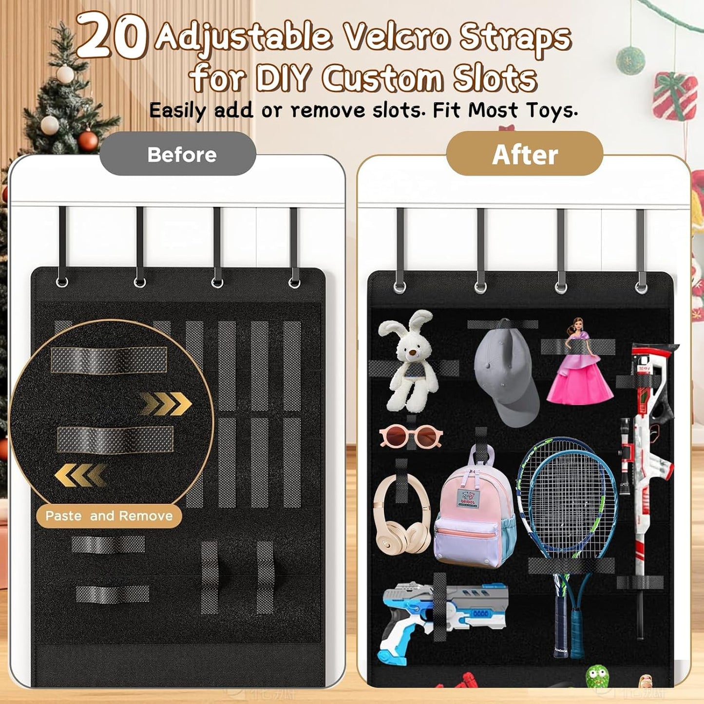 Over the Door Organizer for Building Blocks, Kids Toys Storage with Pockets and Slots for Stuffed Animal, Foam Blasters, Darts, Door Organizer hanging for Toys Storage, Kids Game Rooms