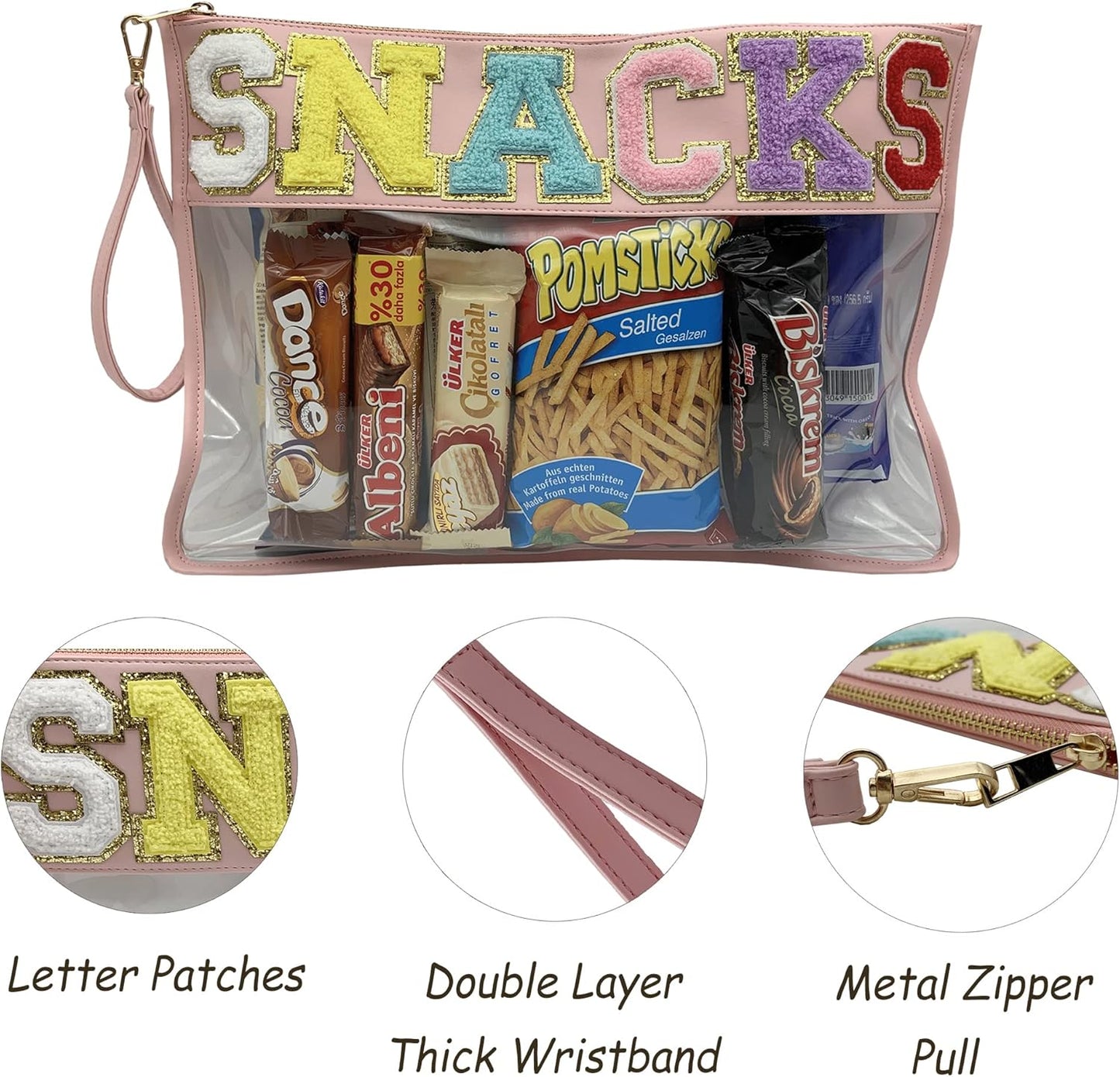 TopTTanBo Chenille Letter Clear Bag Purse Multi-purpose Transparent Waterproof Snacks Makeup Tote Bag with Wrist Strap