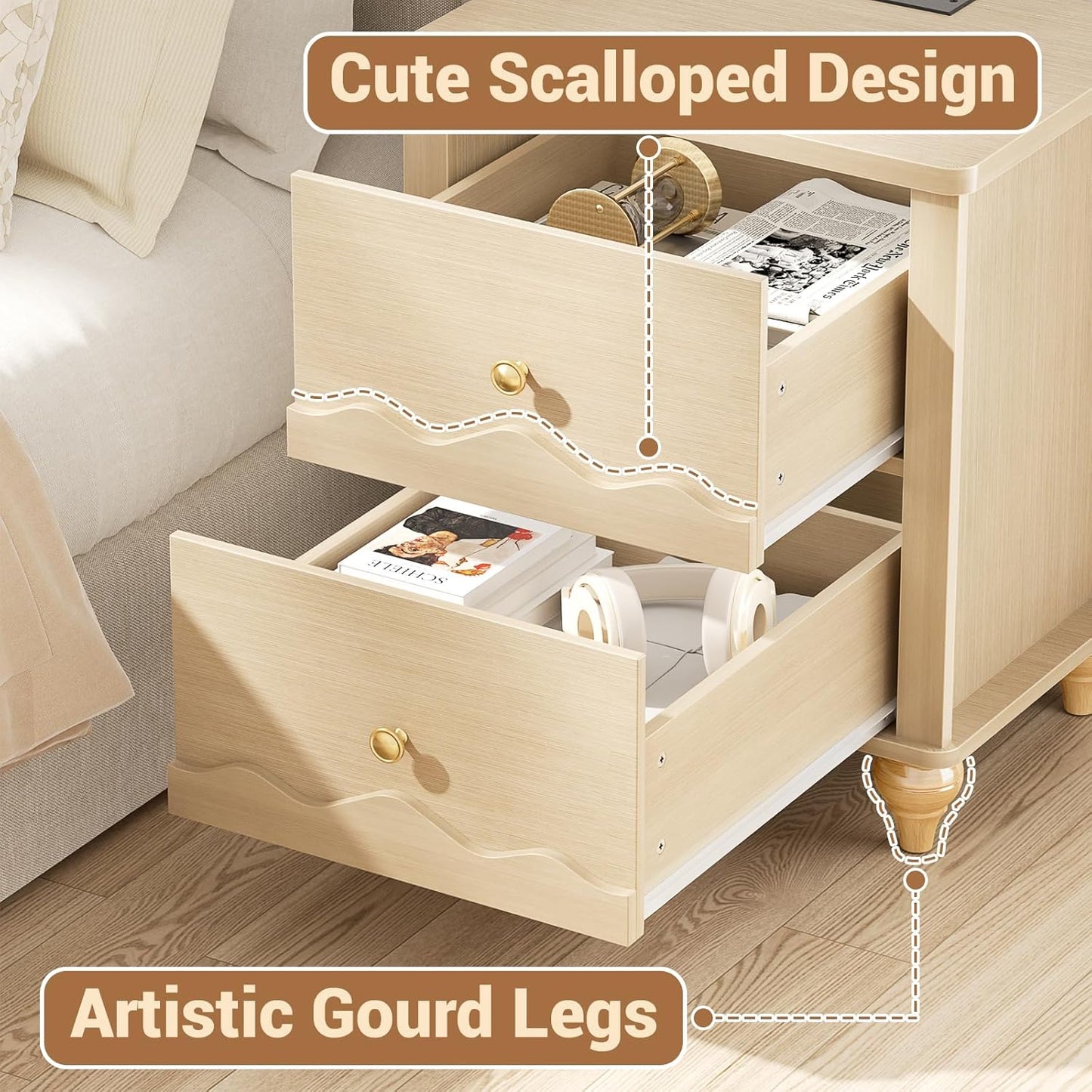 Cyclysio Nightstand Set of 2 with Charging Station, Side End Table with 2 Drawers, Modern Wood Night Stand Set 2 with Scalloped Pattern for Bedroom, Bedside Night Tables with Solid Wood Gourd Legs