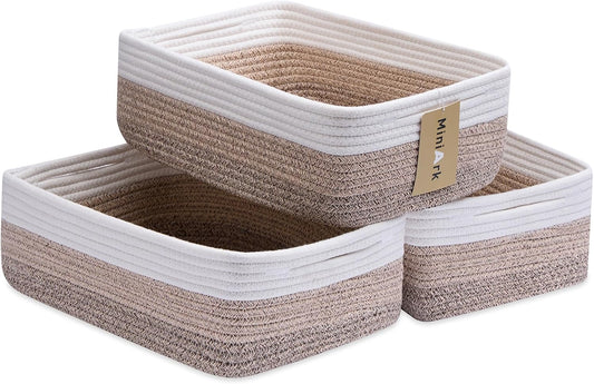 Large Shallow Organizing Baskets 15x11x5.1 Inches - Rope Woven Storage Bins for Bathroom, Shelves, Cube Closet, Gradient Brown 3 Packs