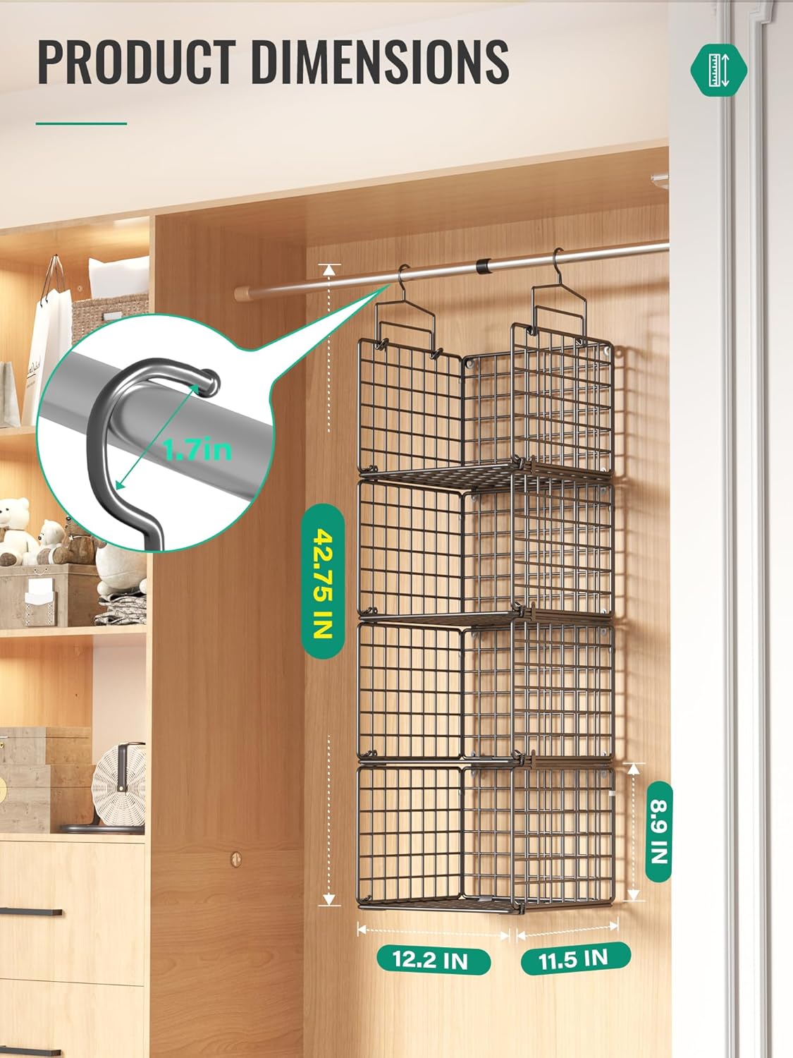 Hanging Closet Organizer, 4 Tier Metal Closet Organizers and Storage with 4 Hanging Hooks 4 S-Hooks for Wardrobe Laundry Room, Wire Storage Shelf for Clothes Sweaters Pants (Black)