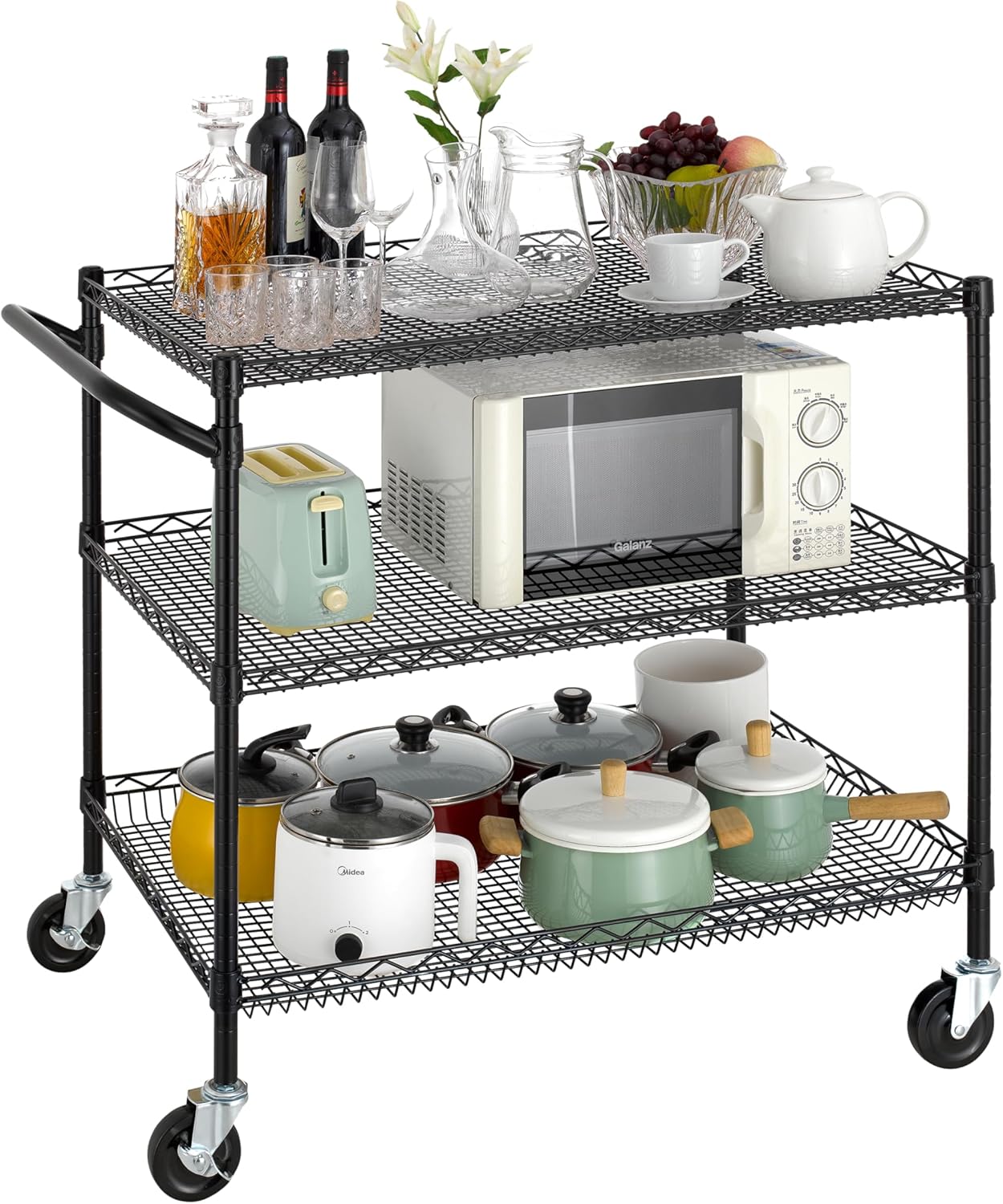 Finnhomy 3 Tier Heavy Duty Commercial Grade Utility Cart, Wire Rolling Cart with Handle Bar, Steel Service Cart with Wheels, Kitchen Carts on Wheels, Metal Cart Shelf Size 24" D x 36" W, NSF, Black