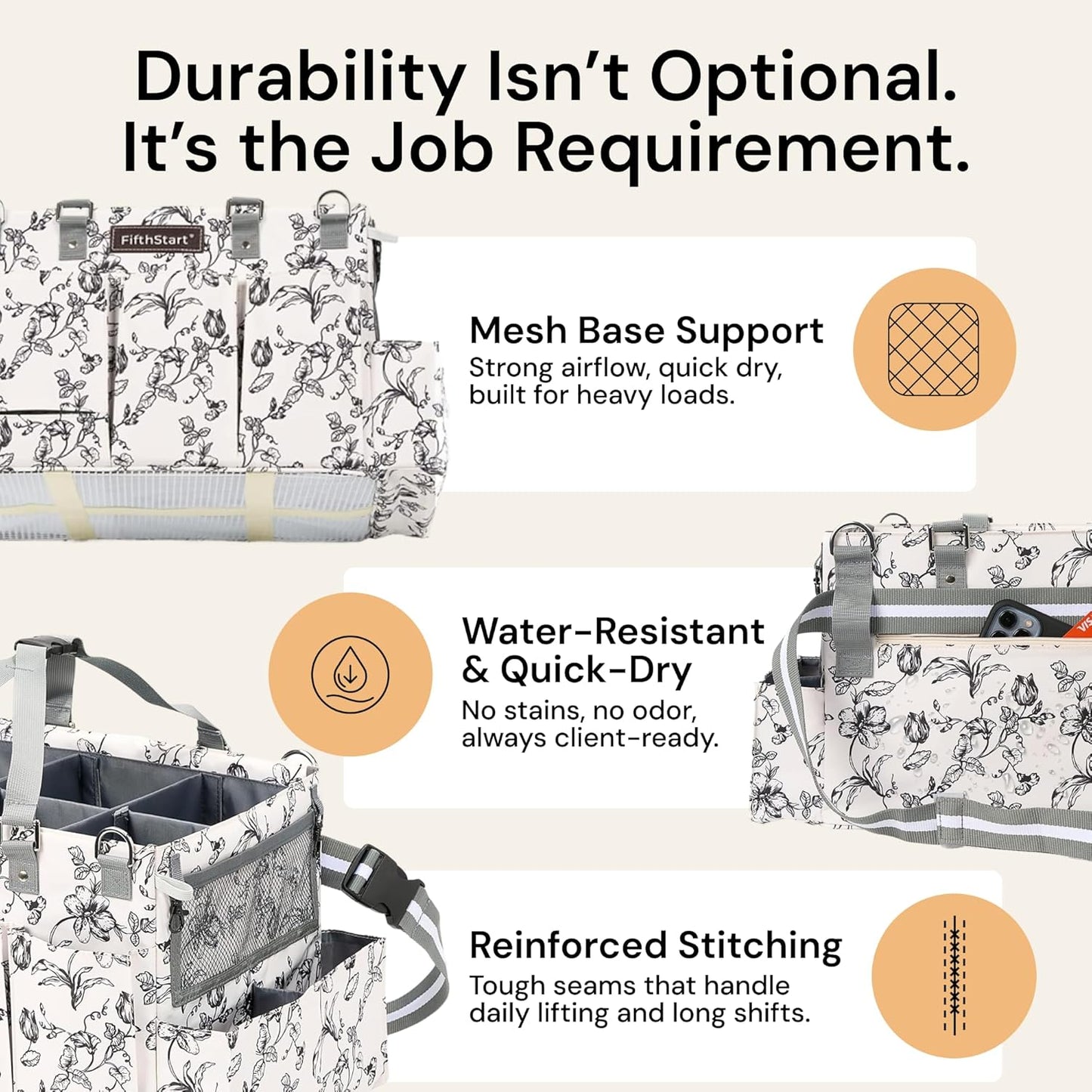 FifthStart Cleaning Caddy Organizer with Handle & Waist/Shoulder Straps - 9 Compartments & Mesh Base - Portable Cleaning Supply Caddy with Waste Bag Dispenser (Beige Floar, Large)
