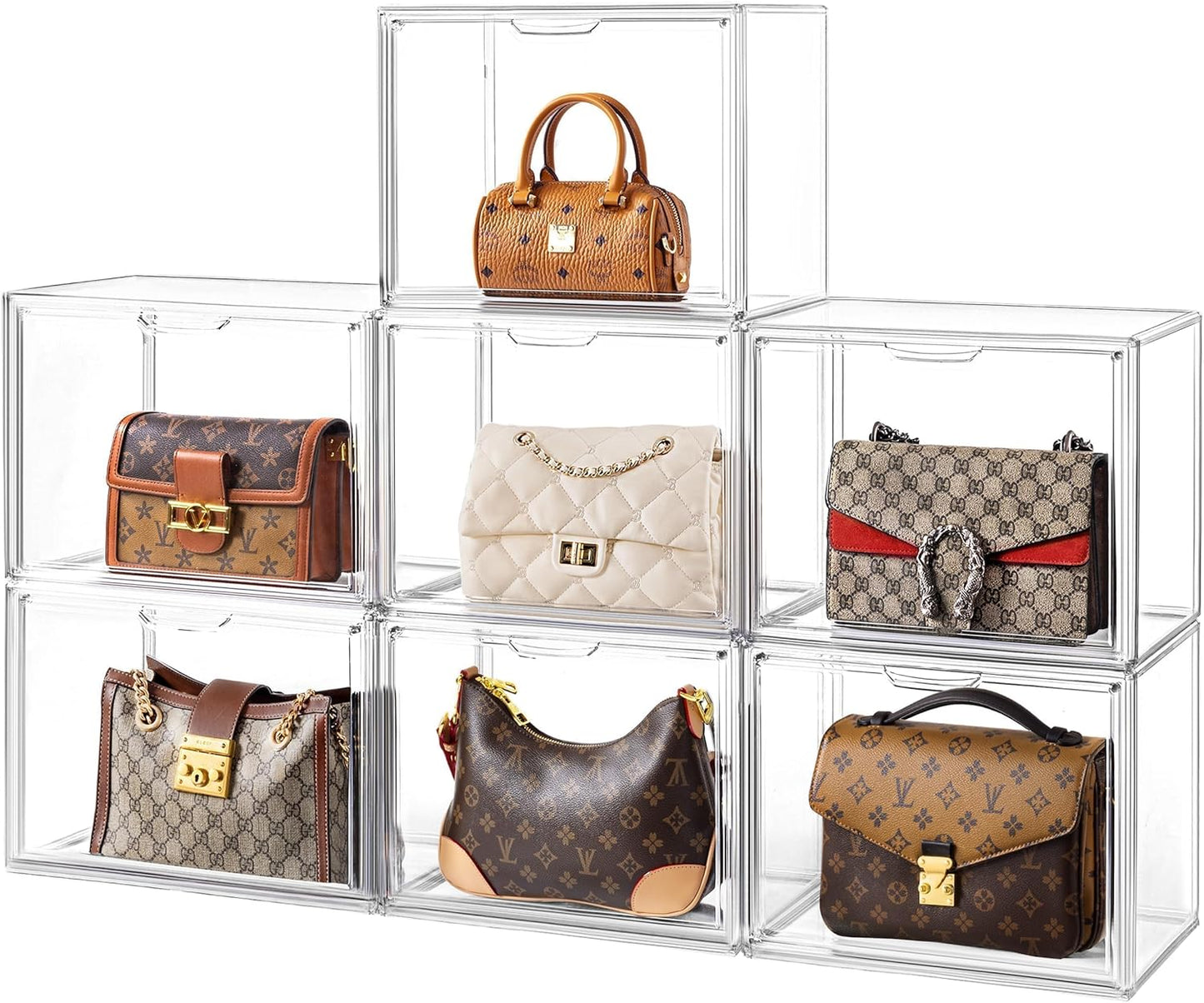 HBlife 7 Pack Purse Storage Organizer for Closet, Large Clear Stackable Handbag Display Case Box with Magnetic Door for Collectibles, Cosmetics, Women Heels and Toys