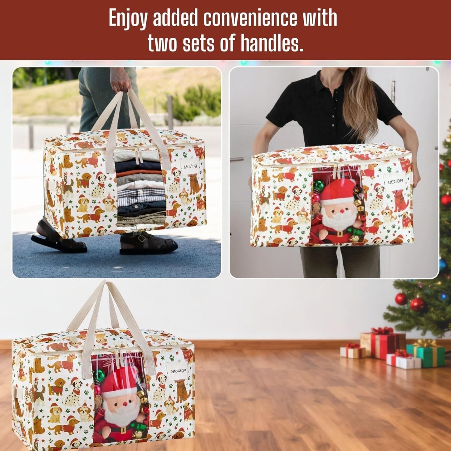 VENO 4 Pack Moving Bags, Large Christmas Storage Bins with lids, Packing Supplies for College, Alternative to Moving Boxes, Foldable, Heavy-Duty Tote, Christmas Pattern (Holiday Pups, 4 Pack)