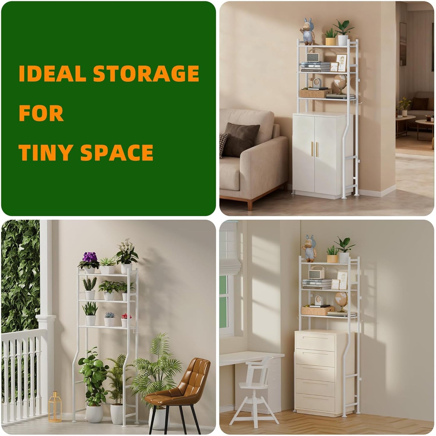 3-Tier Over The Toilet Storage, Space Saver Metal Bathroom Shelves, Freestanding Above Over Toilet Storage Shelf with 4 Hooks for Bathroom, White