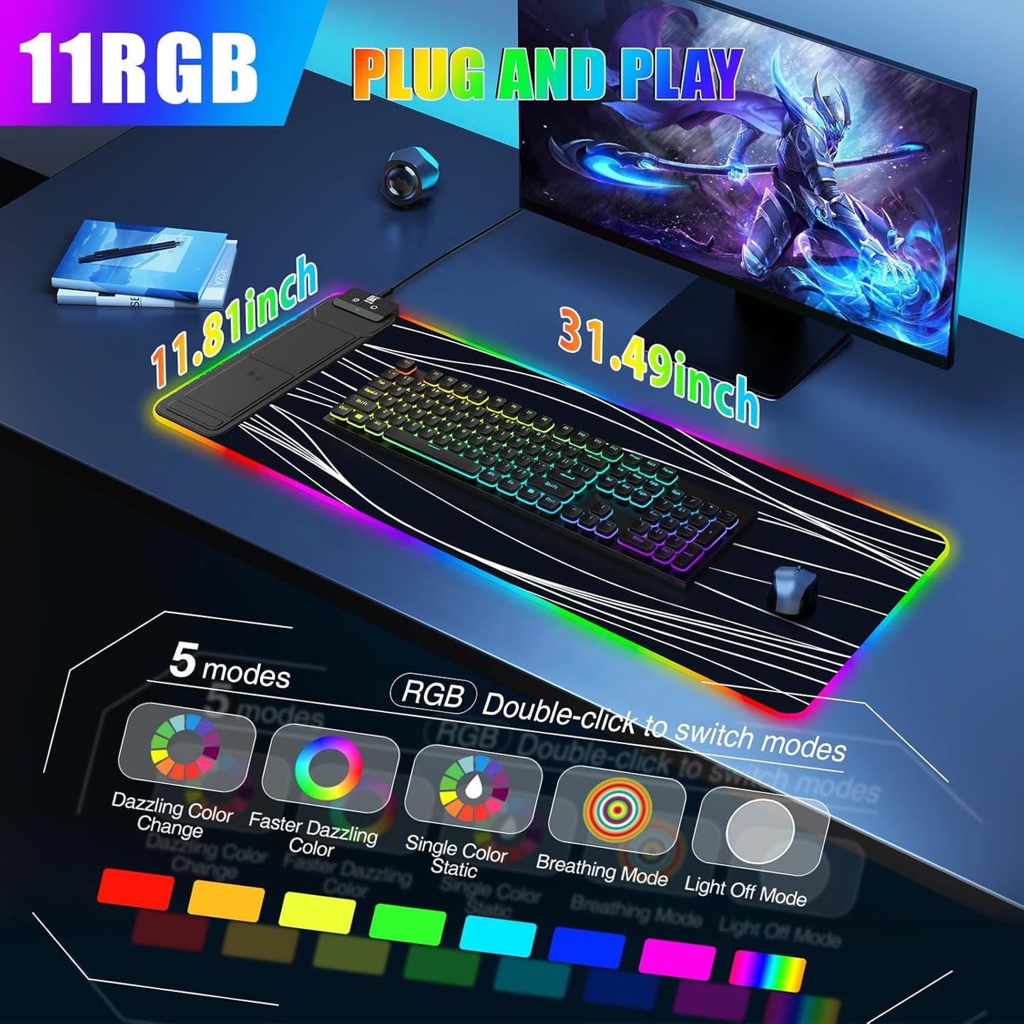 RGB Mouse Pad with Foldable Phone Stand & Wireless Charger, 31.5"x11.8" XL Gaming Mousepad Large Desk Mat, Desk Pad with Dual Charging for Phone & AirPods | 11 Colors & 5 Modes | Waterproof