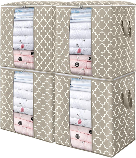 WISELIFE Storage Bags 4 Pack/100L Large Blanket Clothes Organization and Storage Containers for Comforters,Bedding, Foldable Organizer with Reinforced Handle, Clear Window, Sturdy Zippers,Beige