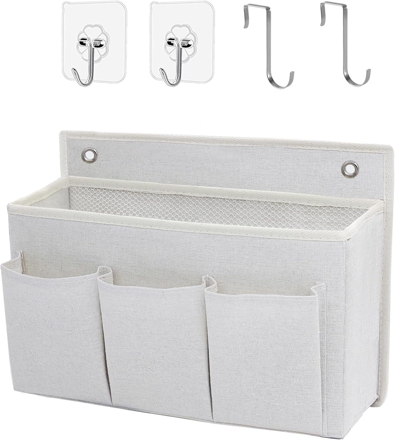 Wall Hanging Organizer Bag/Hanging Baskets with Large Mesh Compartment & 3 Pockets，Over the Door Organizer Space Saving Storage for Bedroom,RV Camper, Closet (White- 1 Pack)
