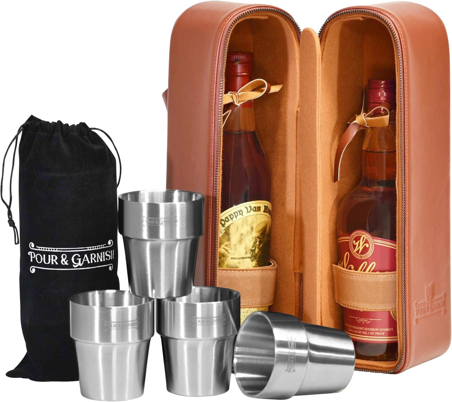 POUR & GARNISH Bourbon, Whiskey & Wine Double Bottle Travel Bag – Vegan Leather Spirits Carrier with 4 Stainless Steel Insulated Glasses & Gift Pouch – Luxury Barware Gift
