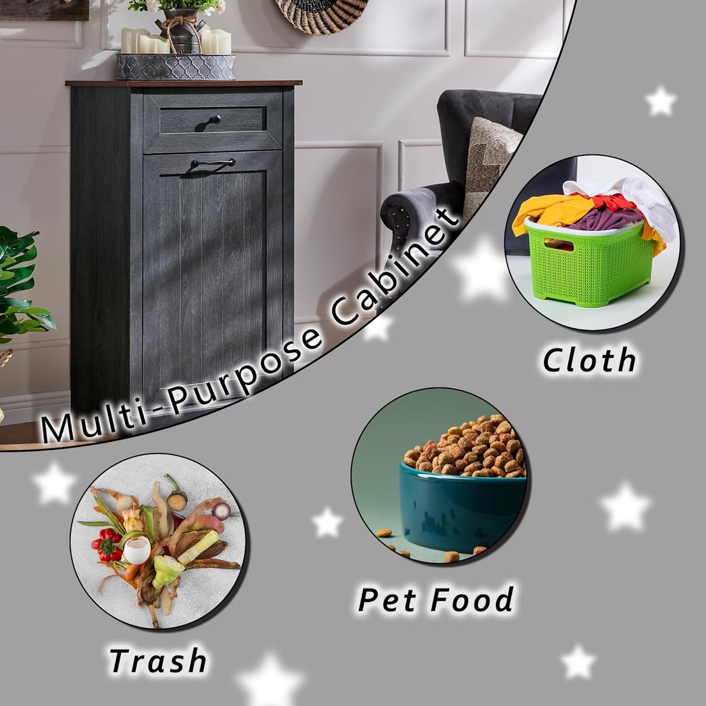 Tilt Out Trash Can Cabinet, 10 Gallon Farmhouse Laundry Hamper Cabinet with Drawer, Hidden Wooden Trash Garbage Can Bin with Storage Basket for Kitchen, Living Room (Dark Grey)