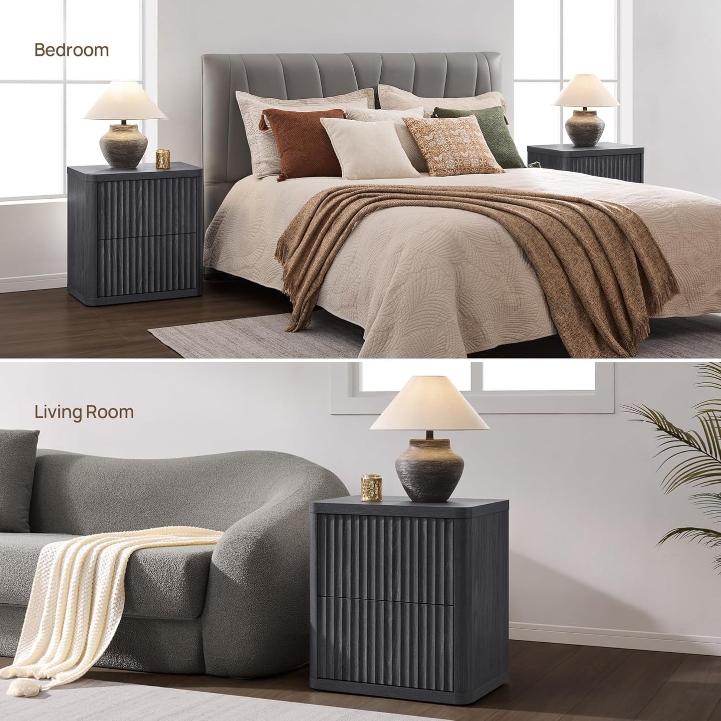 SICOTAS Night Stand Nightstand with 2 Drawers Storage Bedside Table Large Fluted Bed Side End Table Modern 24.4" Tall Wide Night Stands for Bedroom Living Room Sofa Couch Home Office, Dark Grey Alder
