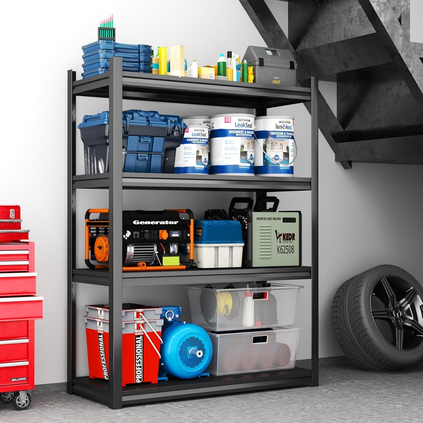 Storage Shelves, Garage Metal Shelving Unit, Adjustable, Double-Layer Column with Reinforced Ribs, Heavy-Duty, Capable of Bearing 600-3600 lbs (Black, 45''W*20''D*63''H, 4-Tier)