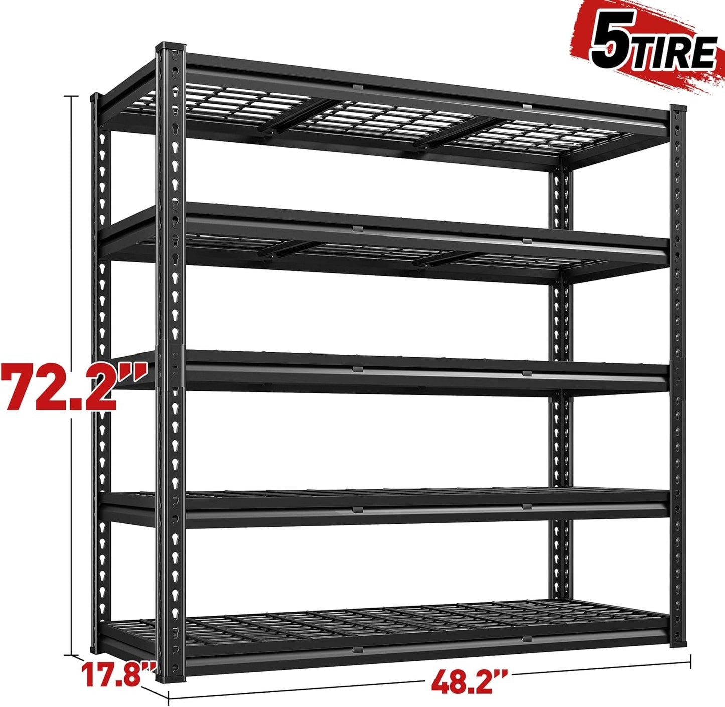 REIBII 2800LBS Garage Shelving 48.2" W Storage Shelves Heavy Duty 5-Tier Adjustable Matel Shelving Easy Assembly Storage Shelf for Garage Basement Warehouse Pantry, 48.2" W X 17.8" D X 72.2" H