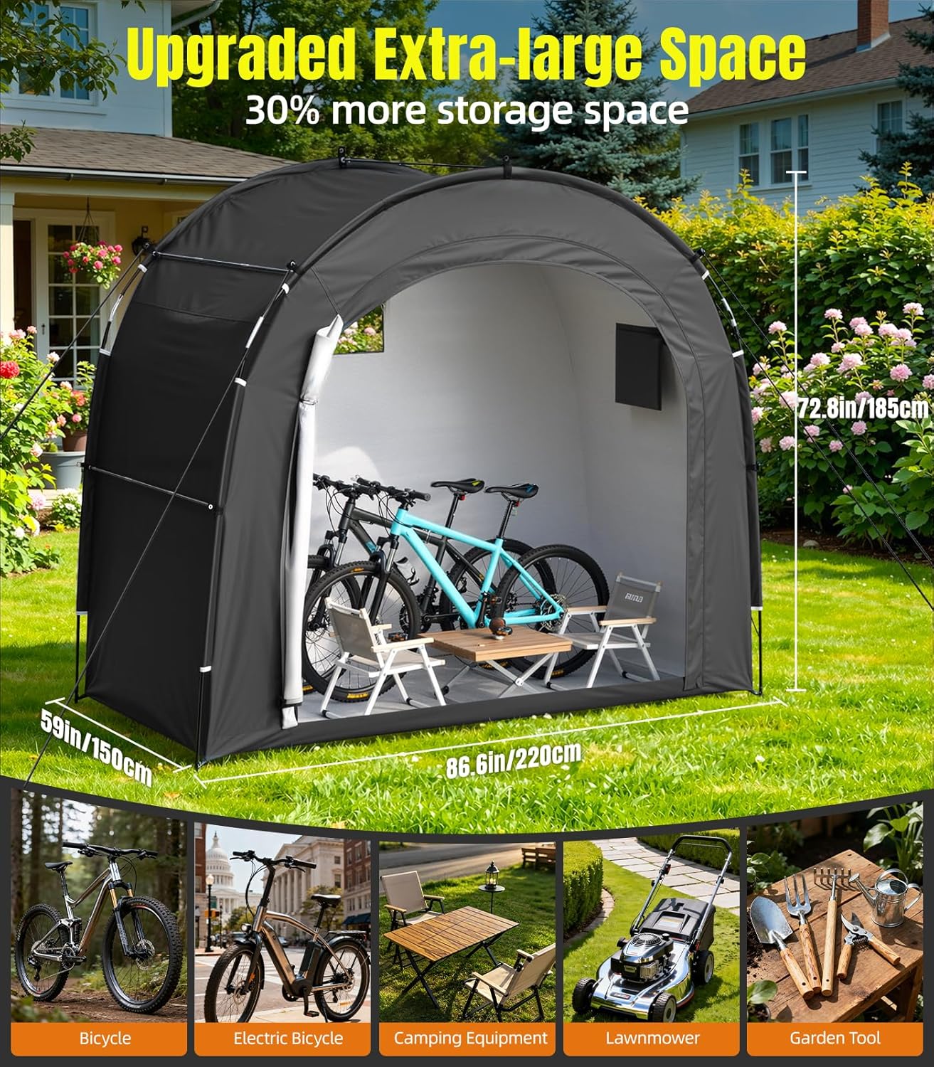 Housolution Bike Storage Tent Shed for 5 Bikes, Outdoor Portable 210D Oxford Thick PU4000 Waterproof Bike Cover with Ventilated Window, Bike Tent Fit for Bicycle, Lawn Mower, Garden Tools