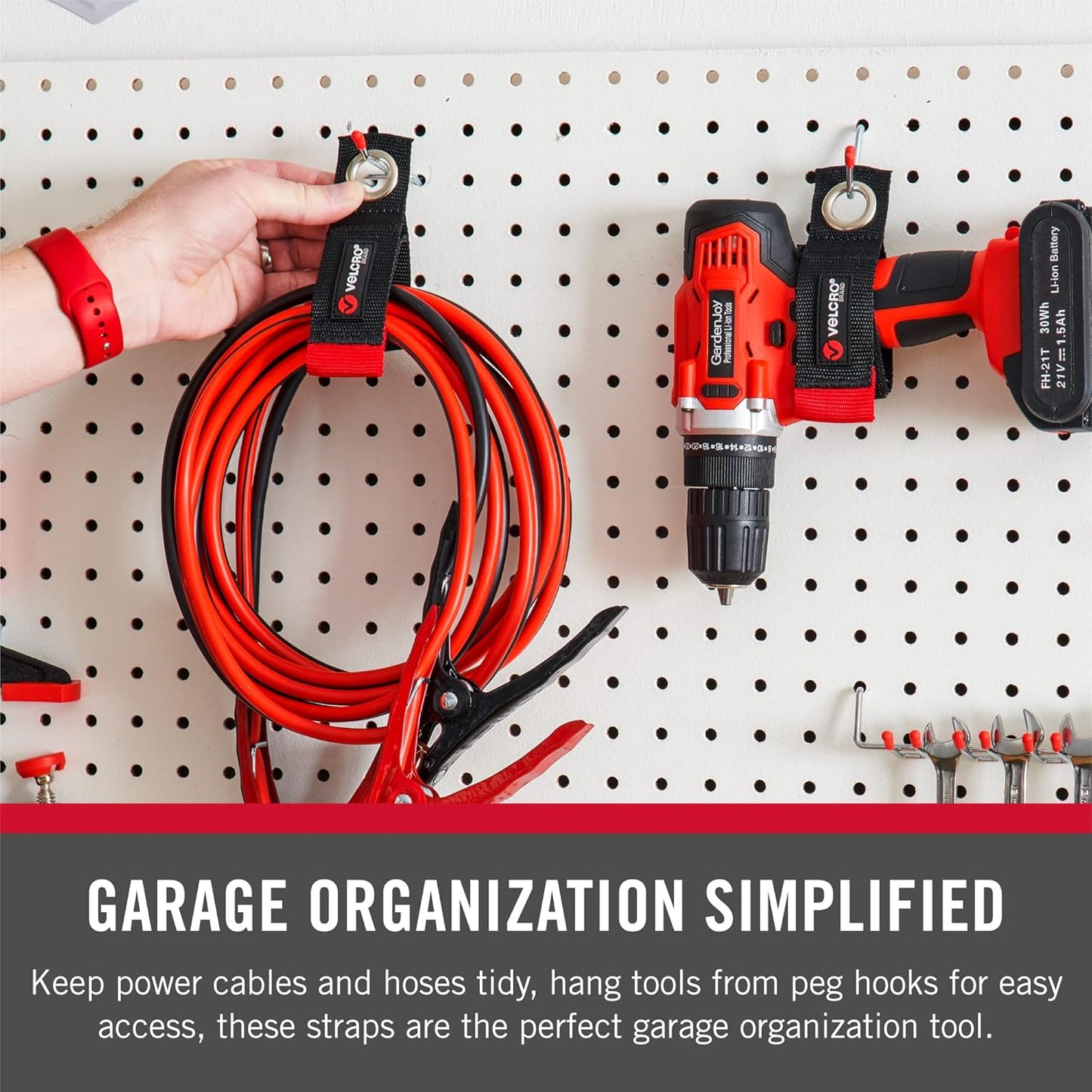 Velcro Brand Heavy Duty Extension Cord Holder Organizer | Holds 75 Pounds, Storage Straps Hang Easily on Hooks or Nails | Perfect for Garage Organization | 2pk, Size Med 14in, Black