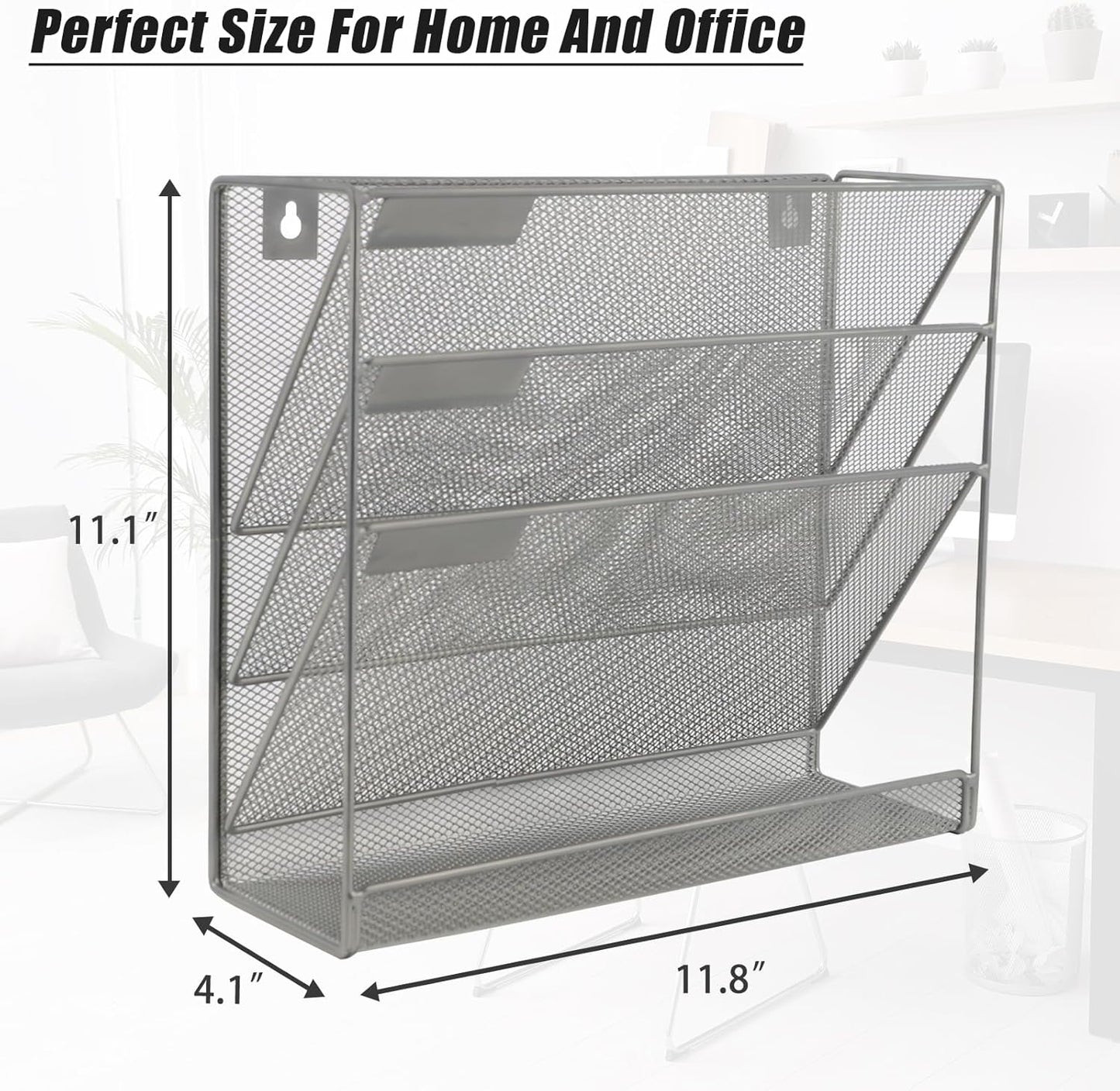 EASEPRES Desk File Organizer Mesh 4-Tier, Hanging Wall Mount Document Organization Stand, Desktop Vertical Mail Paper Folder Holder Rack with Bottom Tray for Office Home Cubicle Countertop, Gray