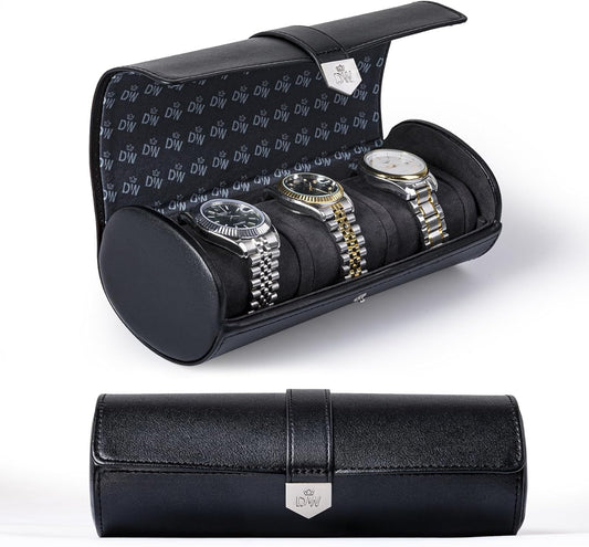 DUKWIN Watch Roll for 3 Watches,Vegan Leather Travel Watch Case Organizer with Removable Pillows for Men and Women,Display Case for Watches Collection and Gift for Anniversary Birthday(Black Storage)