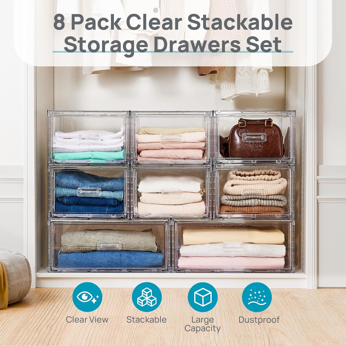 Vtopmart 8-Piece Large & Medium Stackable Drawer Organizer Set, 162QT Clear Storage Cabinet with Easy Assembly, Durable Drawers for Closet, Bedroom, Entryway, Playroom & Apartment Organization