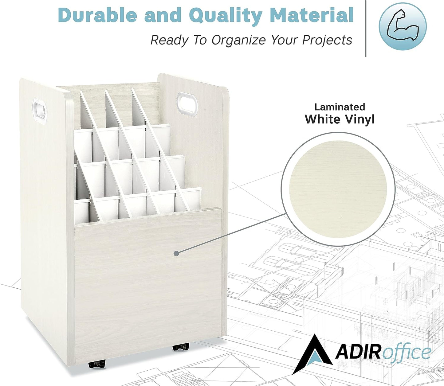 AdirOffice Adir Blue Print Storage Organizer - Mobile Roll File Cart, Construction Plan Holders, Blueprint Cabinet with Wheels, Roll Files Storage for Office and Home (20 Slots, White)