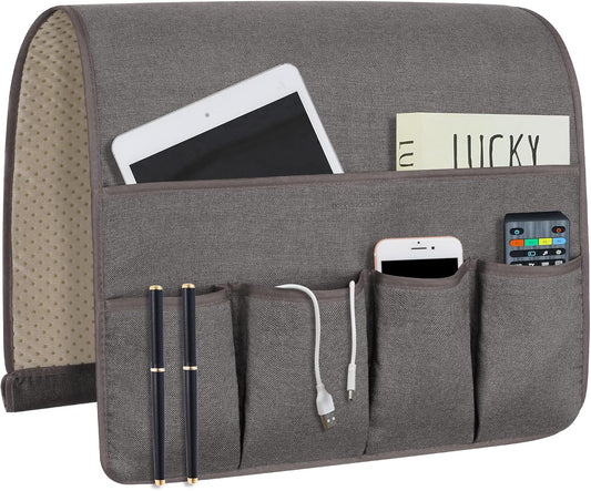 NB Sofa Armrest Organize remote holder bedside caddy organizer with 5 pockets，non-slip couch remote control holder couch armchair caddy accessories (Dark Grey, 35''x18'')