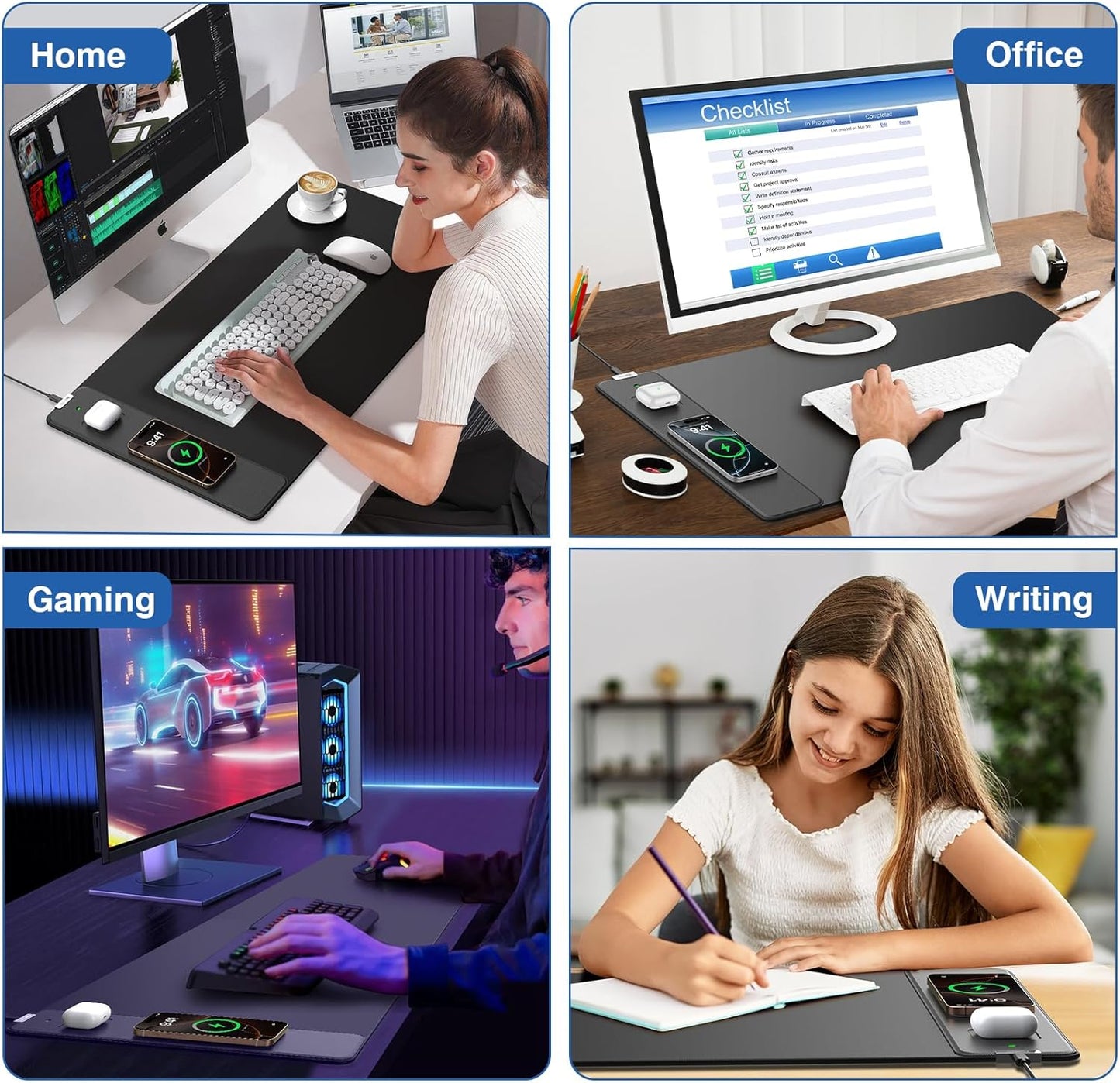 Mouse Pad with Magnetic Wireless Charger, 31.5"x15.8" Large Gaming Desk Mat, Non-Slip Base, Waterproof Ultra-Smooth Keyboard Pad for Gamer, Office & Home, Black