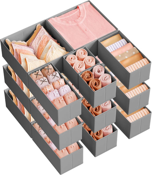 SONGMICS Drawer Organizers, Dresser Divider Organizers, Set of 18, Foldable Fabric Storage Boxes for Socks, Underwear, Bras, Ties, Scarves, Dove Gray URDZ006G05