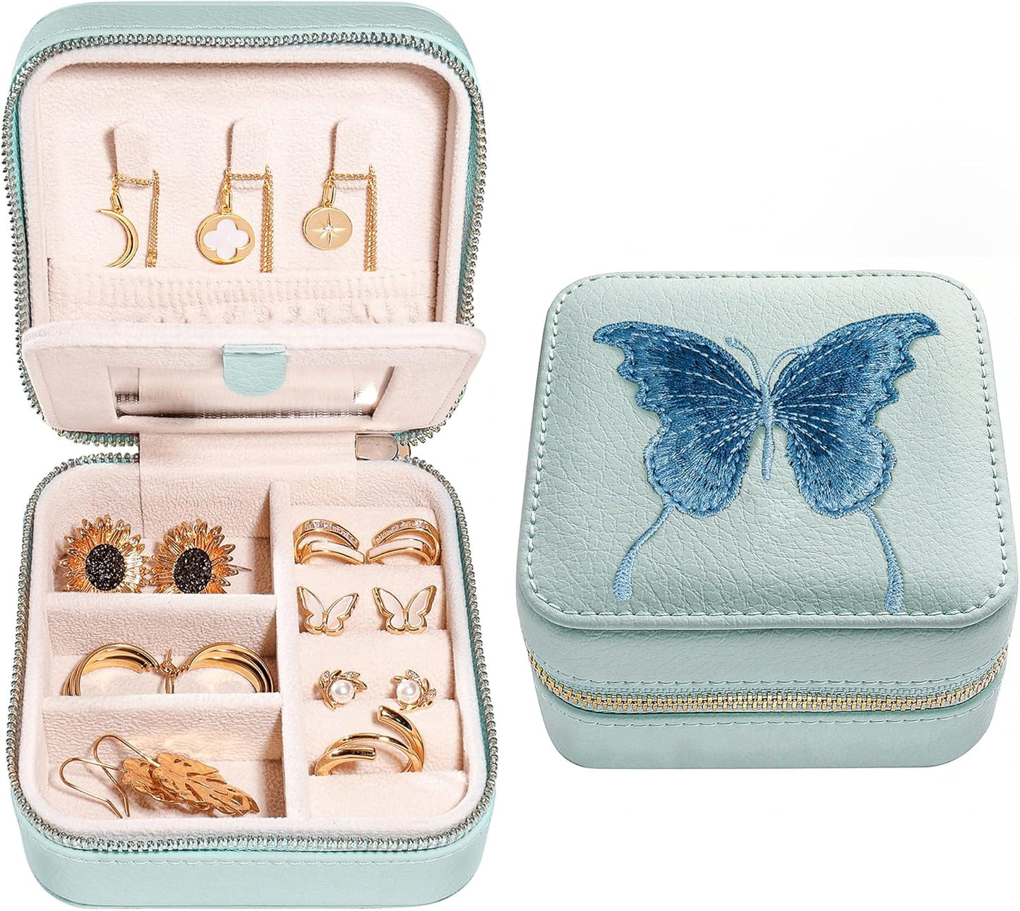 S.Leaf Travel Jewelry Organizer Boxes for Women Small Portable Necklace Earrings Bracelet Rings Travel Case Best Friend Birthday Gifts for Women Trendy (Butterfly_Hazeblue_Blue)