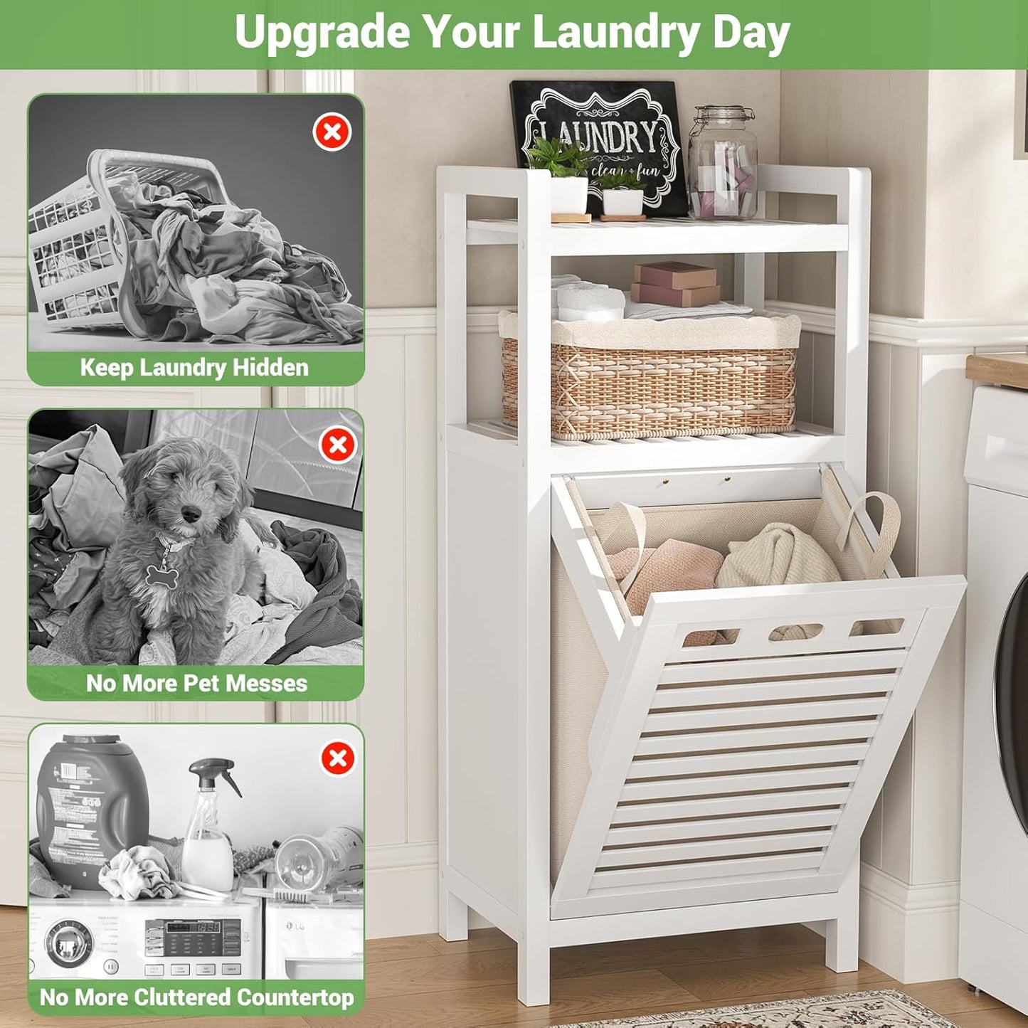 Homykic Tilt Out Laundry Hamper, 10 Gal Bamboo Laundry Storage Cabinet with Removable Basket, Hidden Hamper Organizer with Shelf for Dirty Clothes, Bathroom, Laundry Room, Space Saving, White