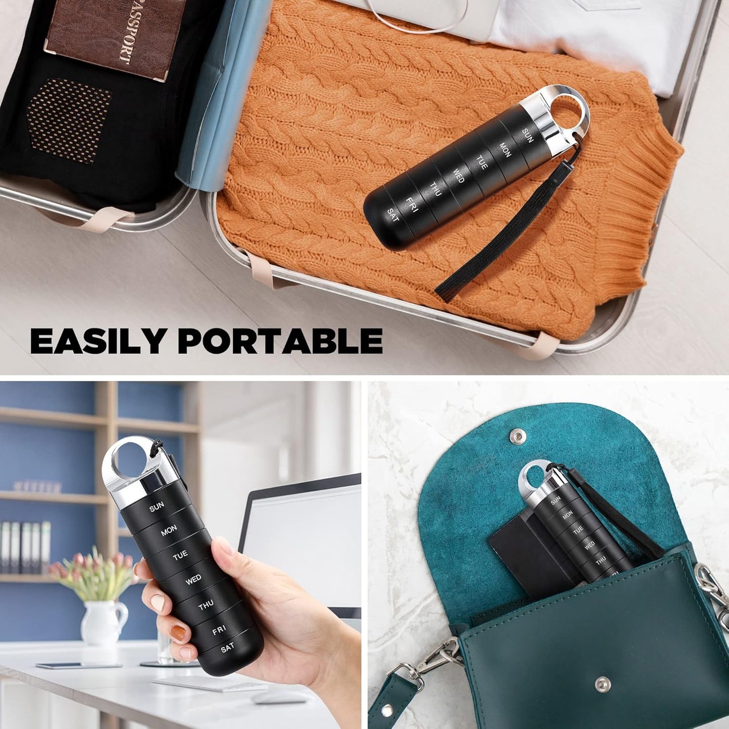 Zannaki Metal Travel Pill Organizer, Portable Waterproof Weekly Pill Box, Large Aluminum Alloy Pill Case Container, BPA Free 7 Day Daily Medicine Organizer Holder for Vitamin, Fish Oil, Supplement