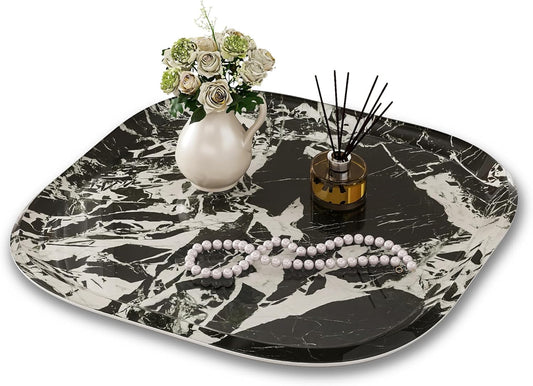 Vanity Decorative Tray, 12" x 12" Black Marble Pattern Perfume Tray, Bathroom Tray Countertop Organizer for Soap Towel, Jewelry, Candle