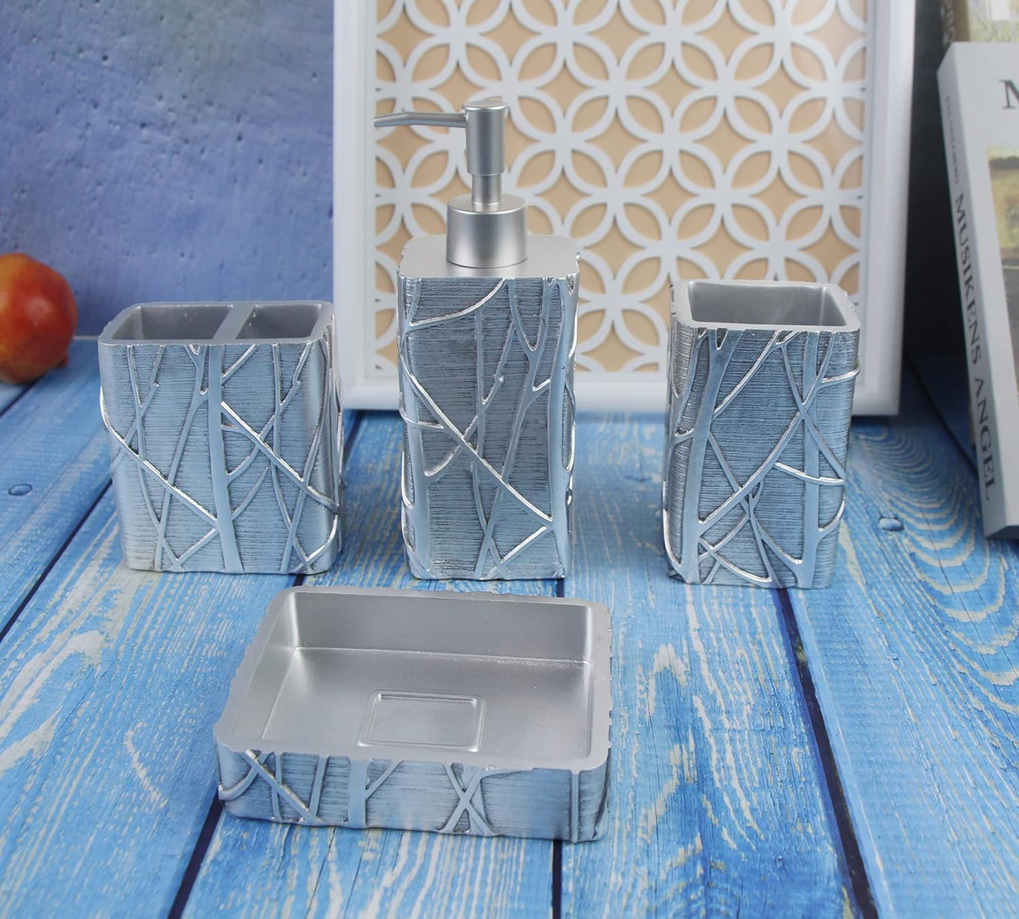 Hymmah Silver Bathroom Accessories Set,Toothbrush Holder,Farmhouse Bathroom Decor,4 Pcs Resin Gift Set Apartment Necessities, Contain Toothbrush Cup,Soap Dispenser,Soap Dish,Tumbler