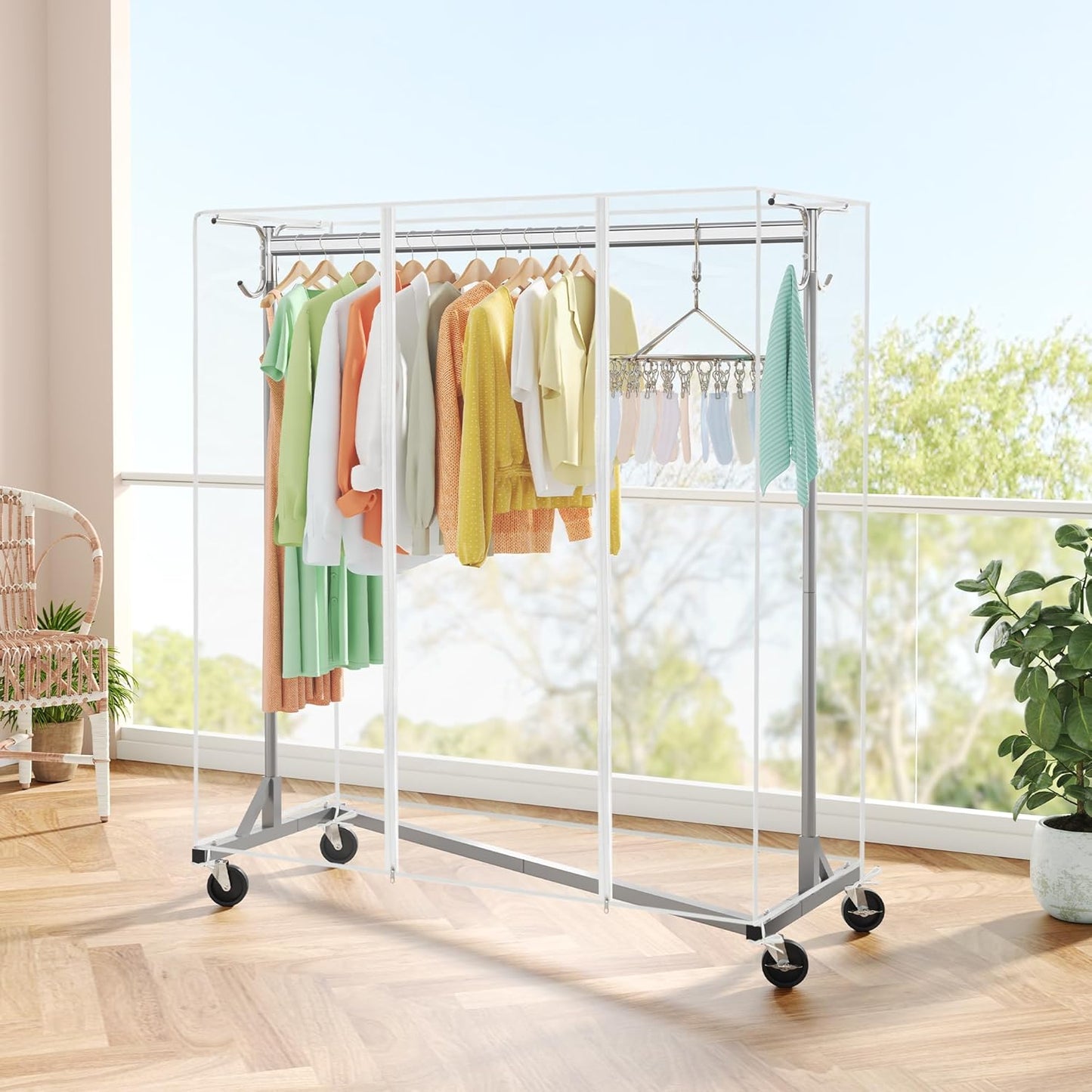 Hoctieon Z Clothes Rack with Cover, Metal Heavy Duty Clothing Rack, Rolling Garment Rack with Wheels, with Dustproof Cover Waterproof Protector, with 2 Durable Zippers, for Hanging Clothes, Grey