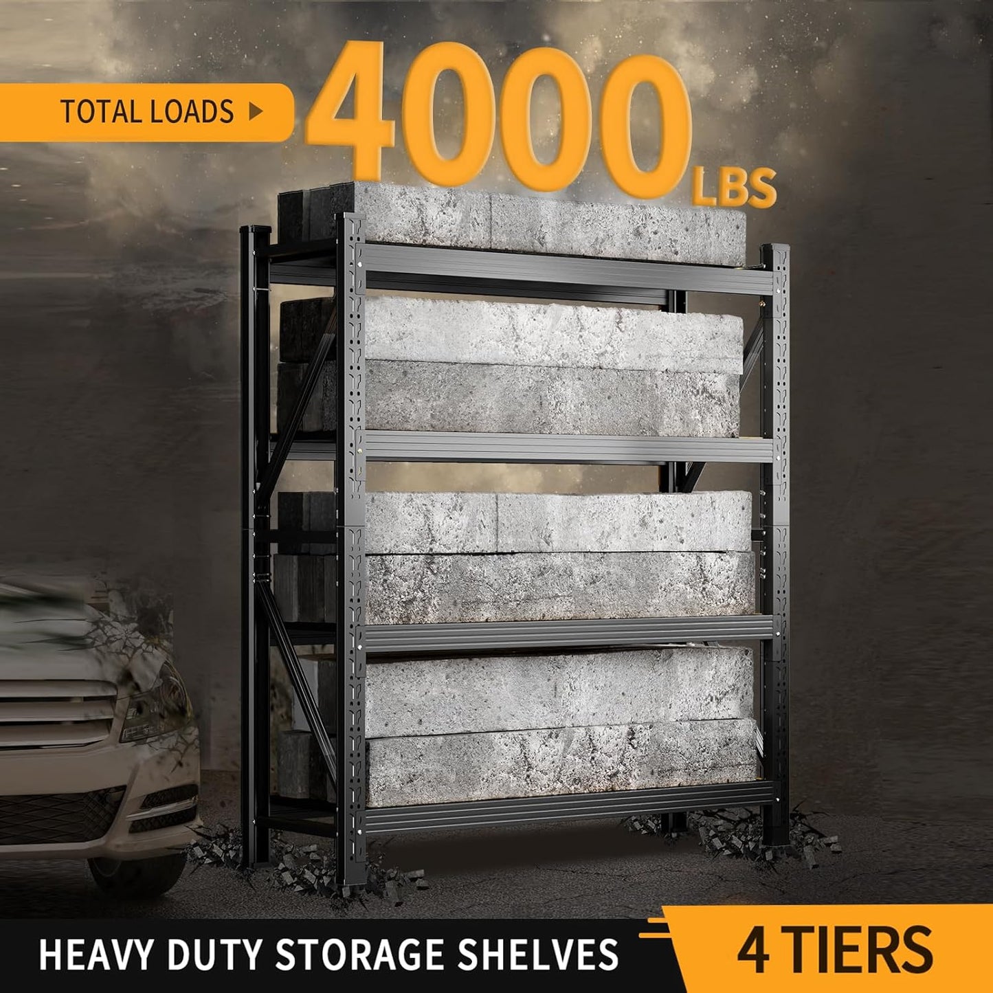 78.7"H Storage Garage Shelving Unit, 4000LBS Heavy Duty Metal Shelves Organization, Adjustable 4 Tier Utility Storage Shelf Rack for Industrial, Basement, Warehouse (Black, 23.6"D×47.2"W×78.7"H)
