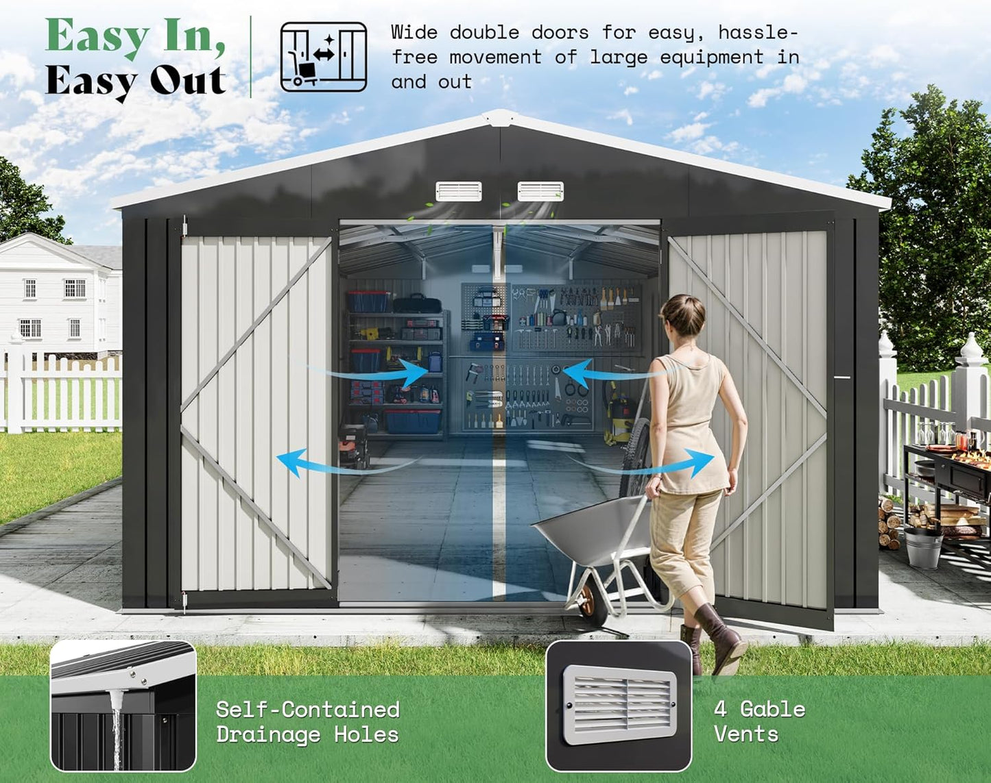 VanAcc 12x20x7.2 FT Outdoor Storage Shed with 2 Transparent Panels, Metal Garden Shed with Hinged Double Doors, Windows & Vents, Reinforced Steel Frame for Backyard Garden, DIY Workshop, Dark Gray