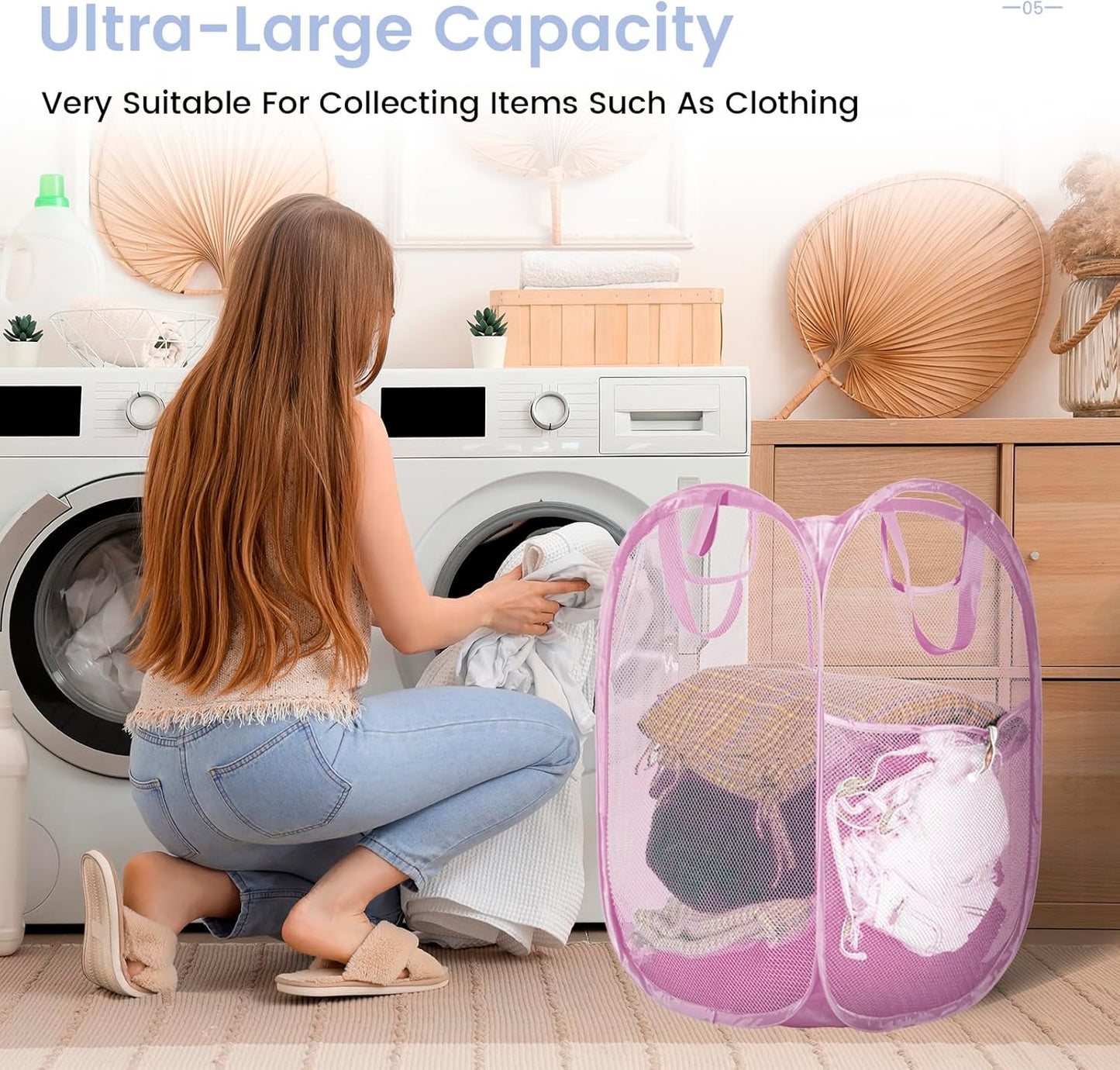 2 Pack Strong Mesh Pop-up Laundry Hamper, Quality Pop Up Hampers for Laundry with Durable Handles Solid Bottom High Carbon Steel Frame, Easy to Open and Fold Flat for Storage(Light Pink)