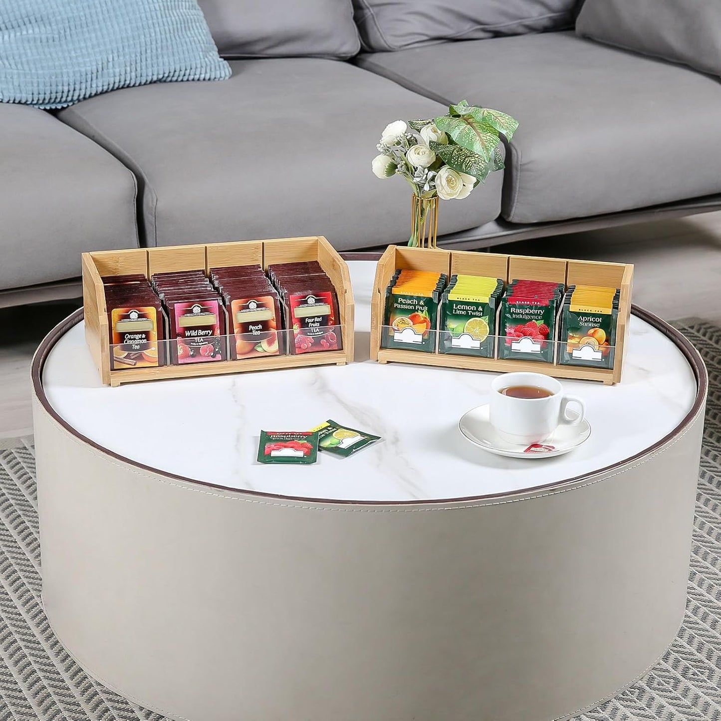 2-Layer Stackable Bamboo Tea Bag Organizer Storage Holder & Rack - Wooden Tea Box Containers - Stand for Countertop or Cabinet