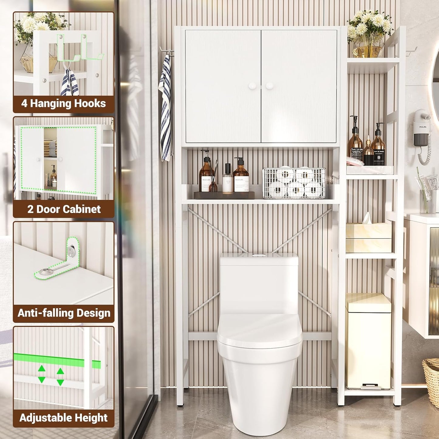 Over The Toilet Storage Cabinet with Doors - 7 Tier Bathroom Organizer with Adjustable Shelf, Freestanding Space Saver Rack Above Toilet Stand with 4 Hooks for Bathroom, Restroom, Laundry, White