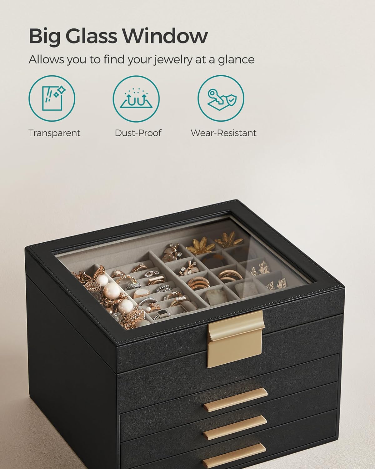 SONGMICS Jewelry Box Organizer with Glass Lid, 4-Layer Jewelry Storage, with 3 Drawers, Modern Style, Christmas Gift, 8 x 9.1 x 6.5 Inches, Graphite Black and Gold Color UJBC173B01
