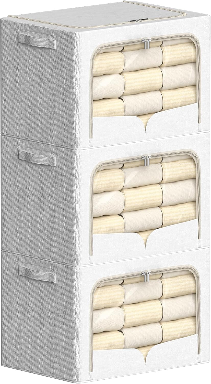 FHSQX 3 Pack Clothes Storage Bins Foldable Metal Frame Storage Box Stackable Linen Fabric Container Organizer Set with Carrying Handles and Clear Window (Cream White, 23.6x16.5x15.7inch(100L))