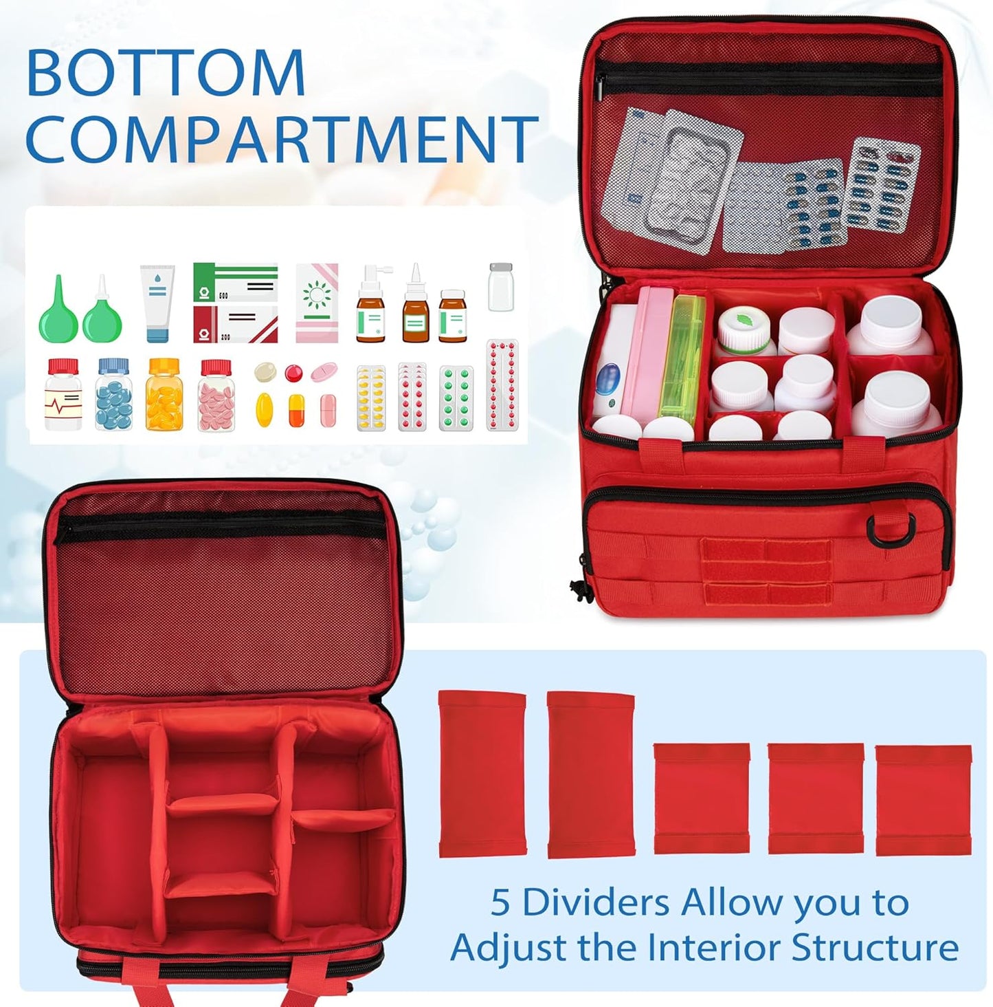 CURMIO Tactical Pill Bottle Organizer Case, Double Layers Medicine Storage Bag for Medication Bottles, Vitamins, Medical Supplies, Red (Bag Only)