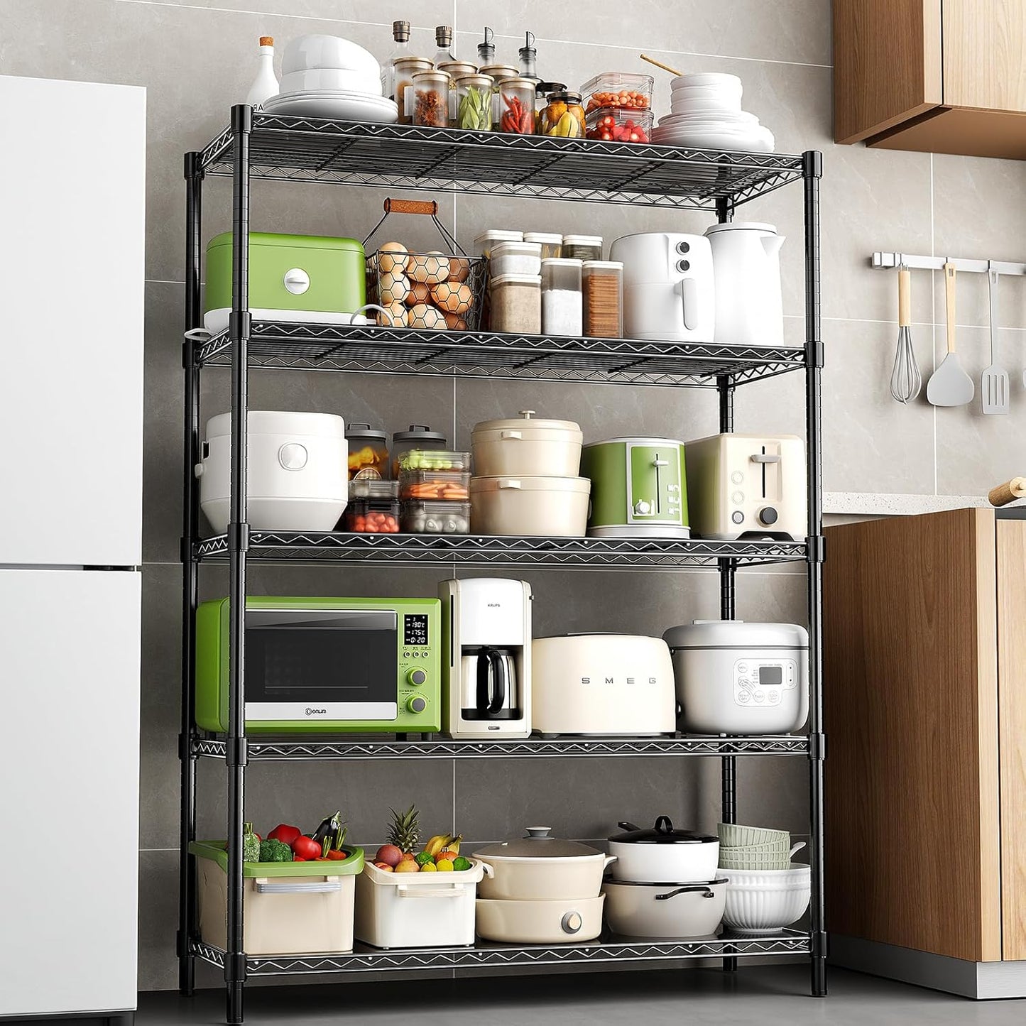 48" W Storage Shelves 5-Tier Wire Shelving, 1875LBS Adjustable Metal Shelving with 5 Shelf Liners, Heavy Duty Steel Wire Rack for Garage Commercial Pantry Kitchen, 48" W x 18" D x 72" H, Black