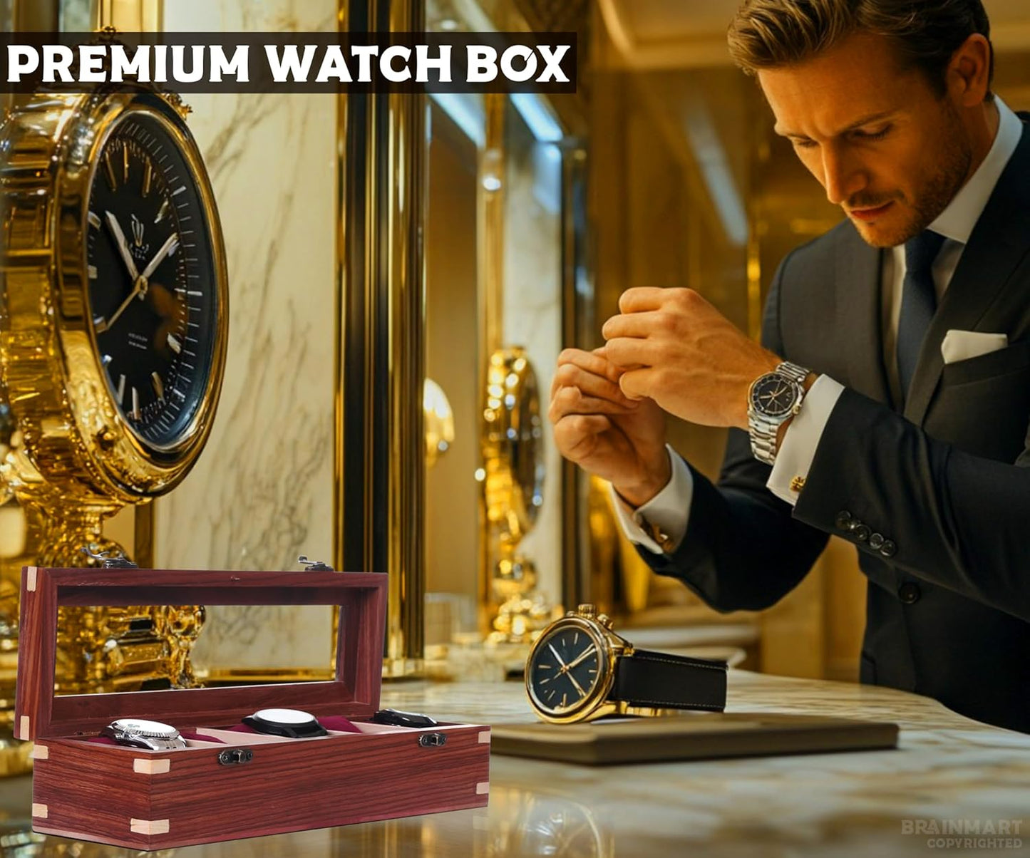 Wooden Watch Box for Men & Women, Watch Organizer & Display Case, Premium Long-Lasting Watch Holder for Storage, Elegant Gift for Watch Collectors (Glass Top, 5 Slots)