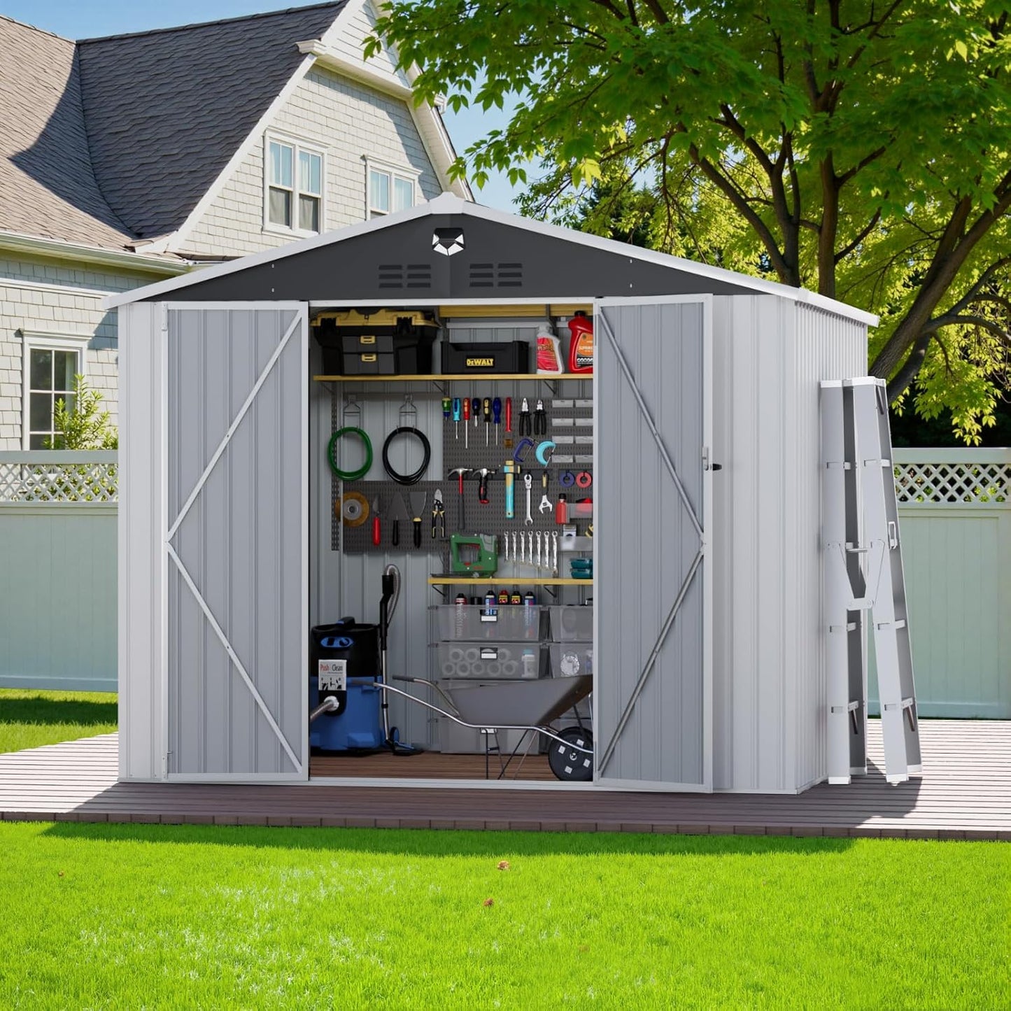 10X8 FT Outdoor Storage Shed, Metal Garden Shed - Tool Storage Sheds with Lockable Doors, Waterproof Outside Storage Building for Backyard, Patio (White; Floor Not Included)