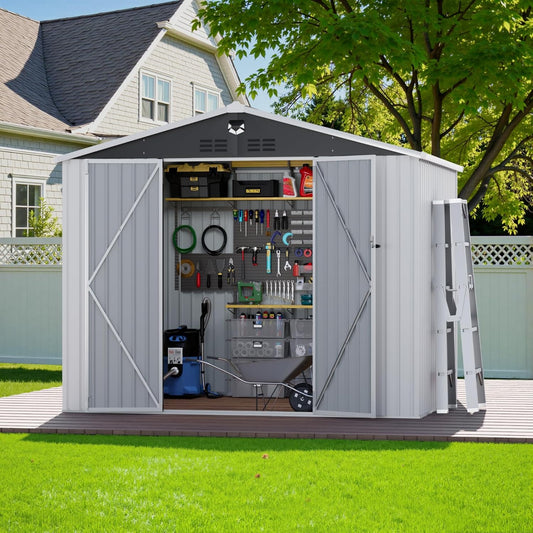10X8 FT Outdoor Storage Shed, Metal Garden Shed - Tool Storage Sheds with Lockable Doors, Waterproof Outside Storage Building for Backyard, Patio (White; Floor Not Included)
