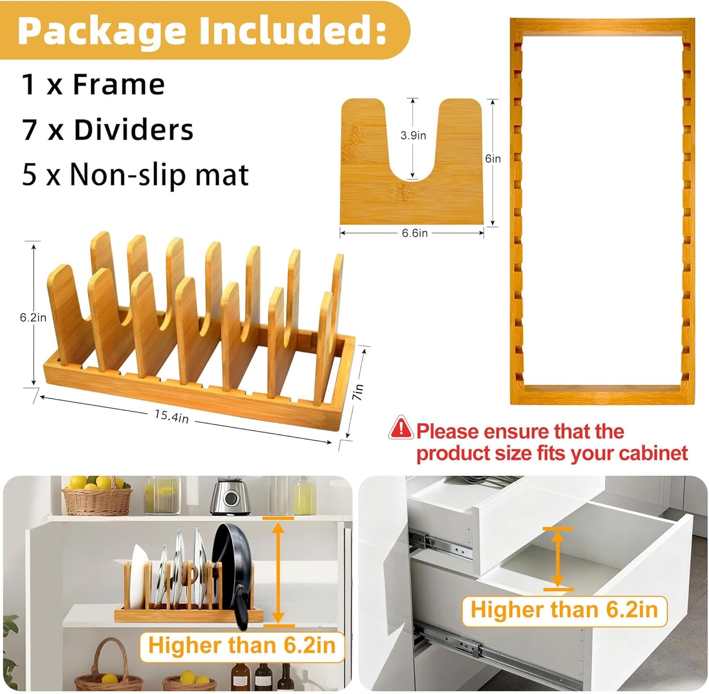 MinBoo Bamboo Pot Lid Organizer Pot Lid Holder, Pot and Pan Organizer Drawer Organizer for Pot Lids, Pans, Cutting Boards & Baking Sheets, Dinner Plates